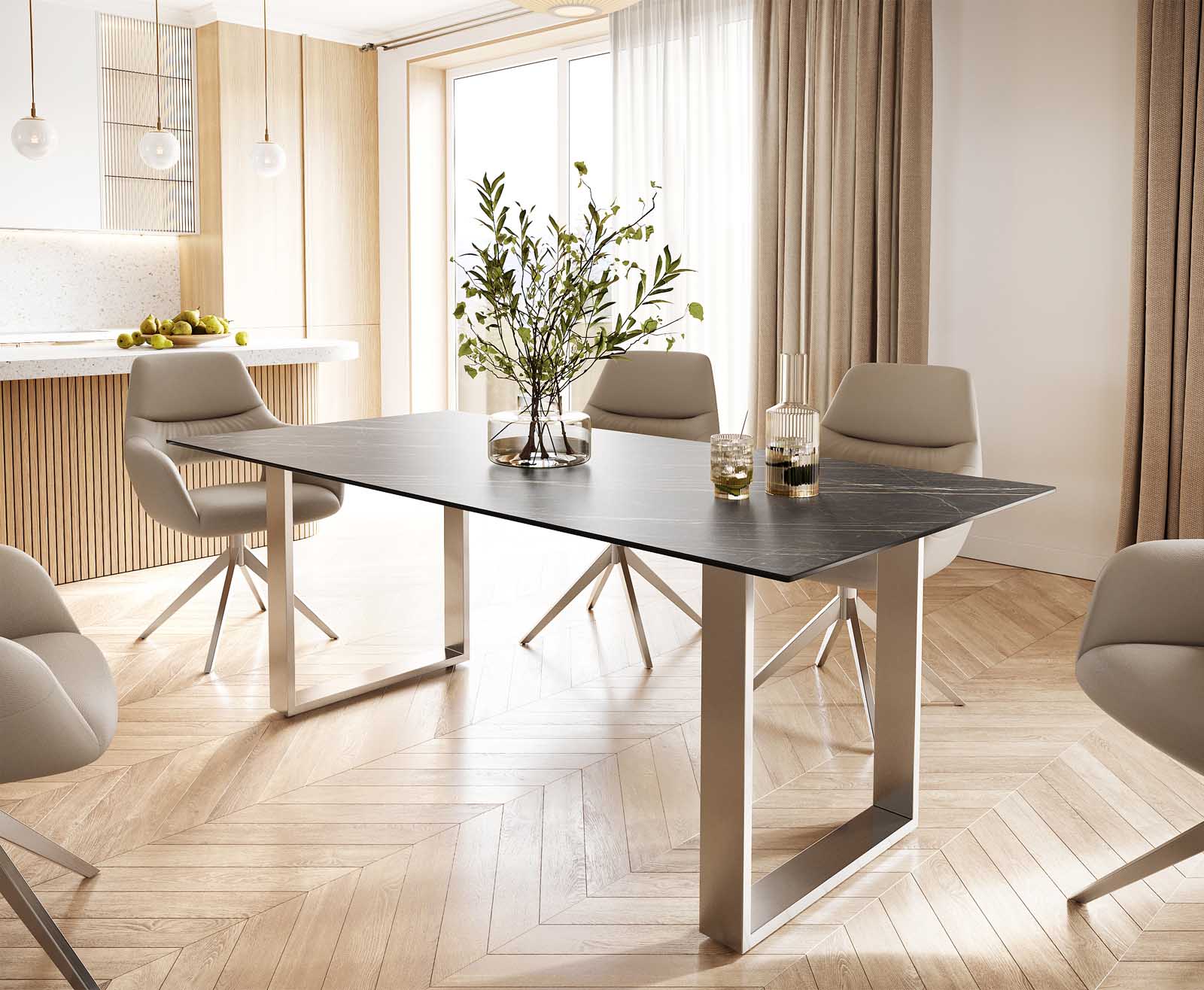 Stół do jadalni Edge 200x100 cm ceramika Laminam® Noir Desir brązowy stal nierdzewna wąska rama