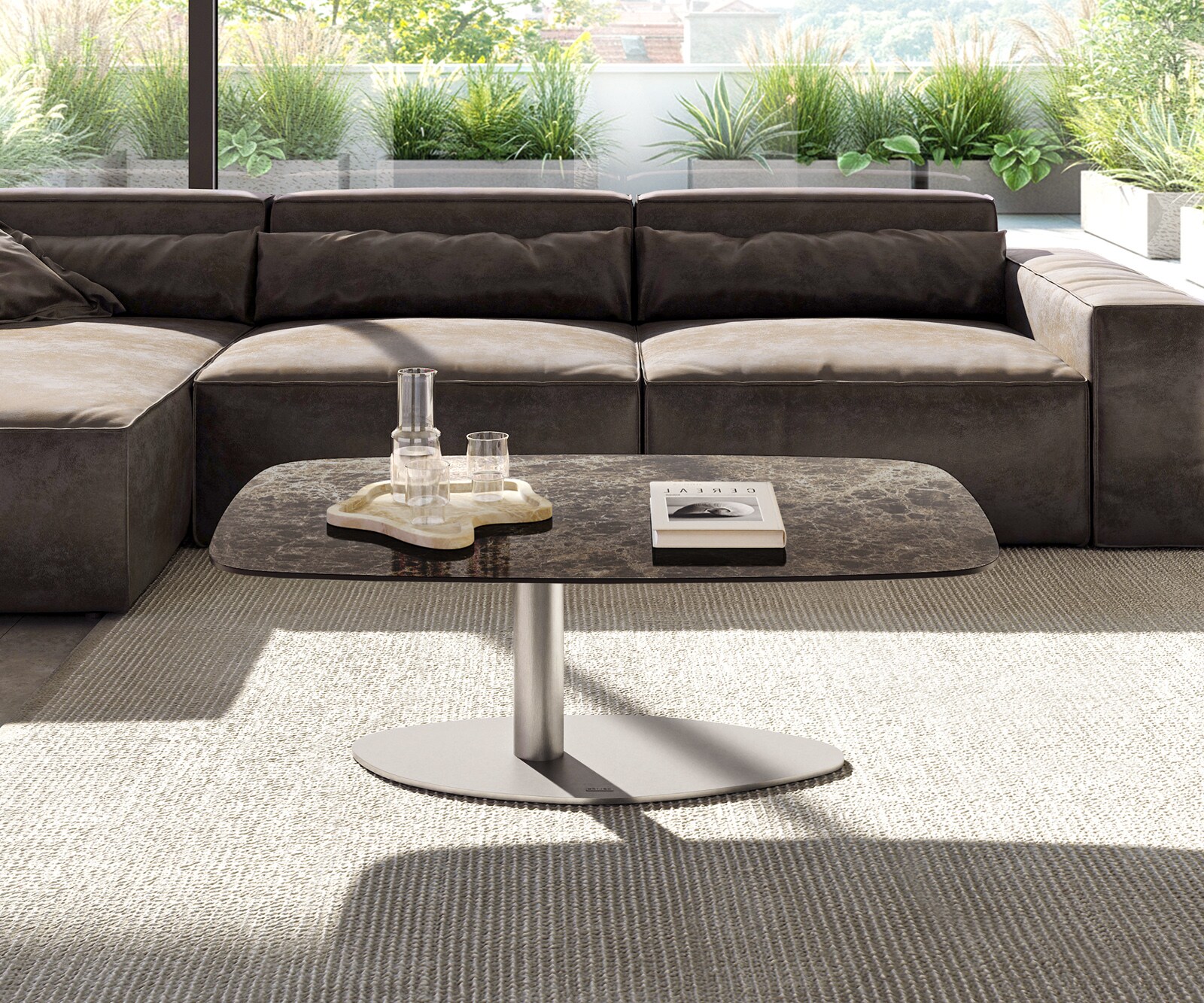 Stolik kawowy Edge w kształcie beczki 120x70 cm ceramika Laminam® Emperador Extra Lucidato ciemnobrązowy Vibany stal nierdzewna szczotkowana 1