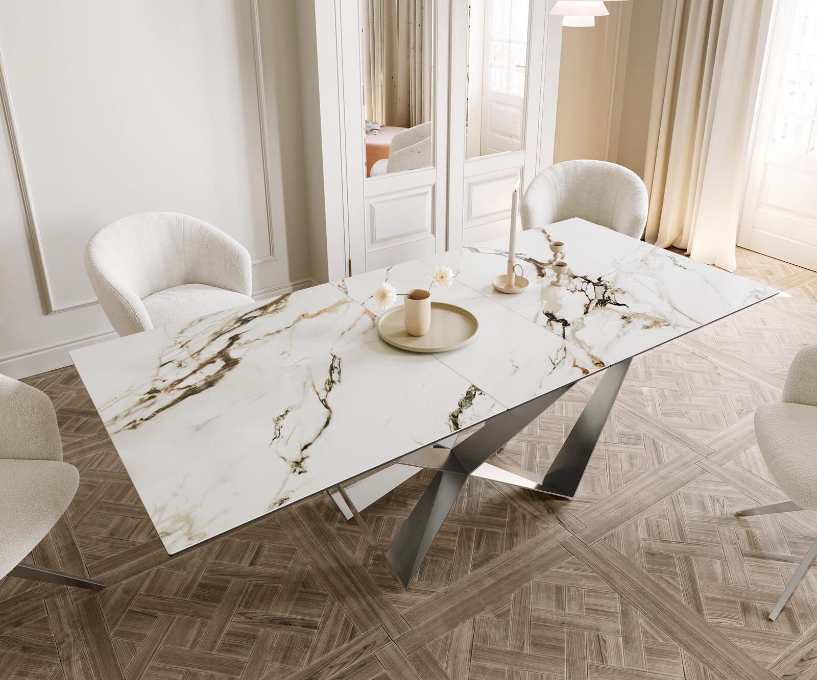 Stół do jadalni Edge 180-220x100 cm ceramika Calacatta Luxe biało-złoto-szary rama Spider stal nierdzewna rozkładany 4