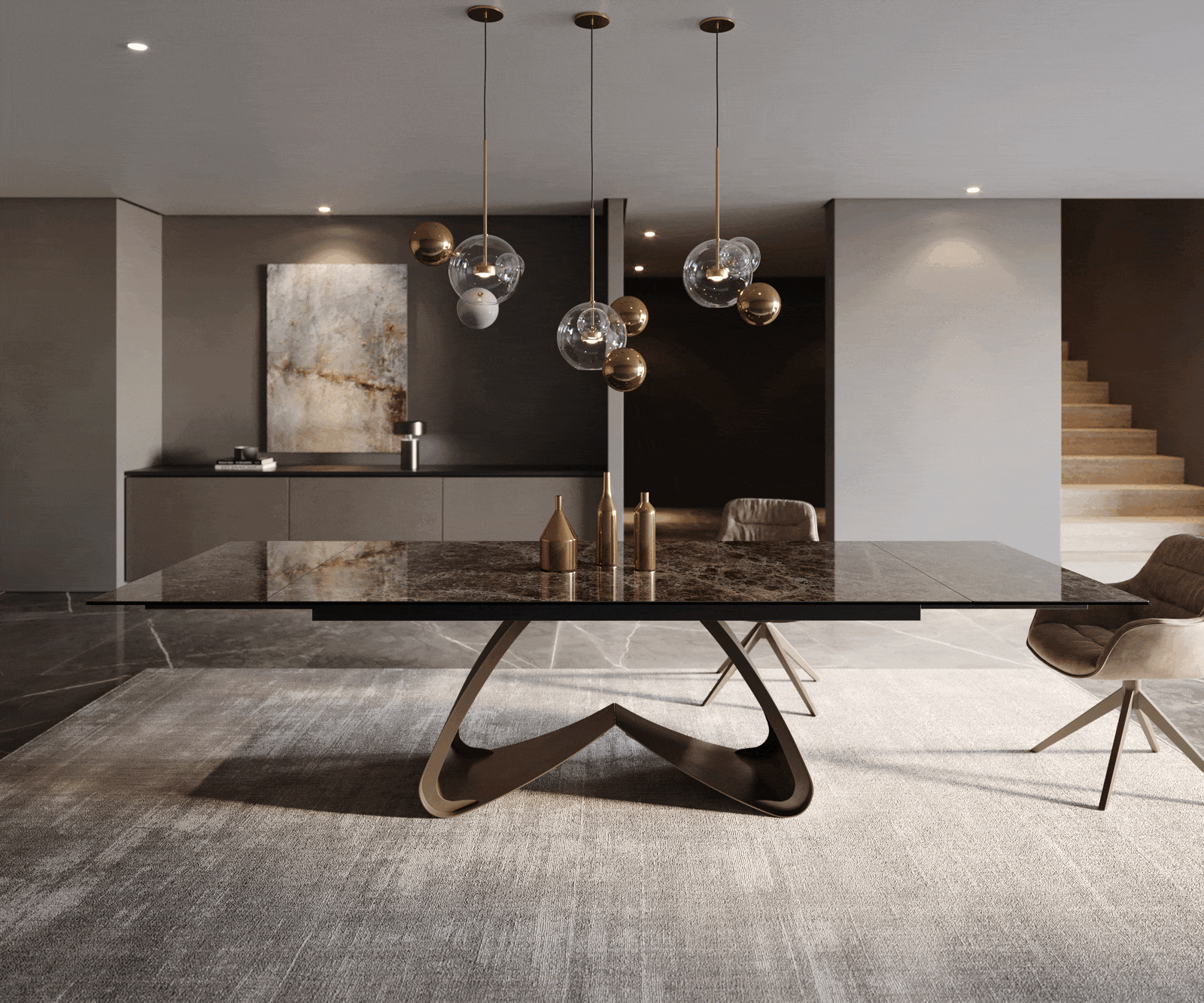 Stół do jadalni Edge 200-300x100 cm ceramika Emperador Extra Lucidato ciemnobrązowy rama W kolor tytanowy rozkładany 1