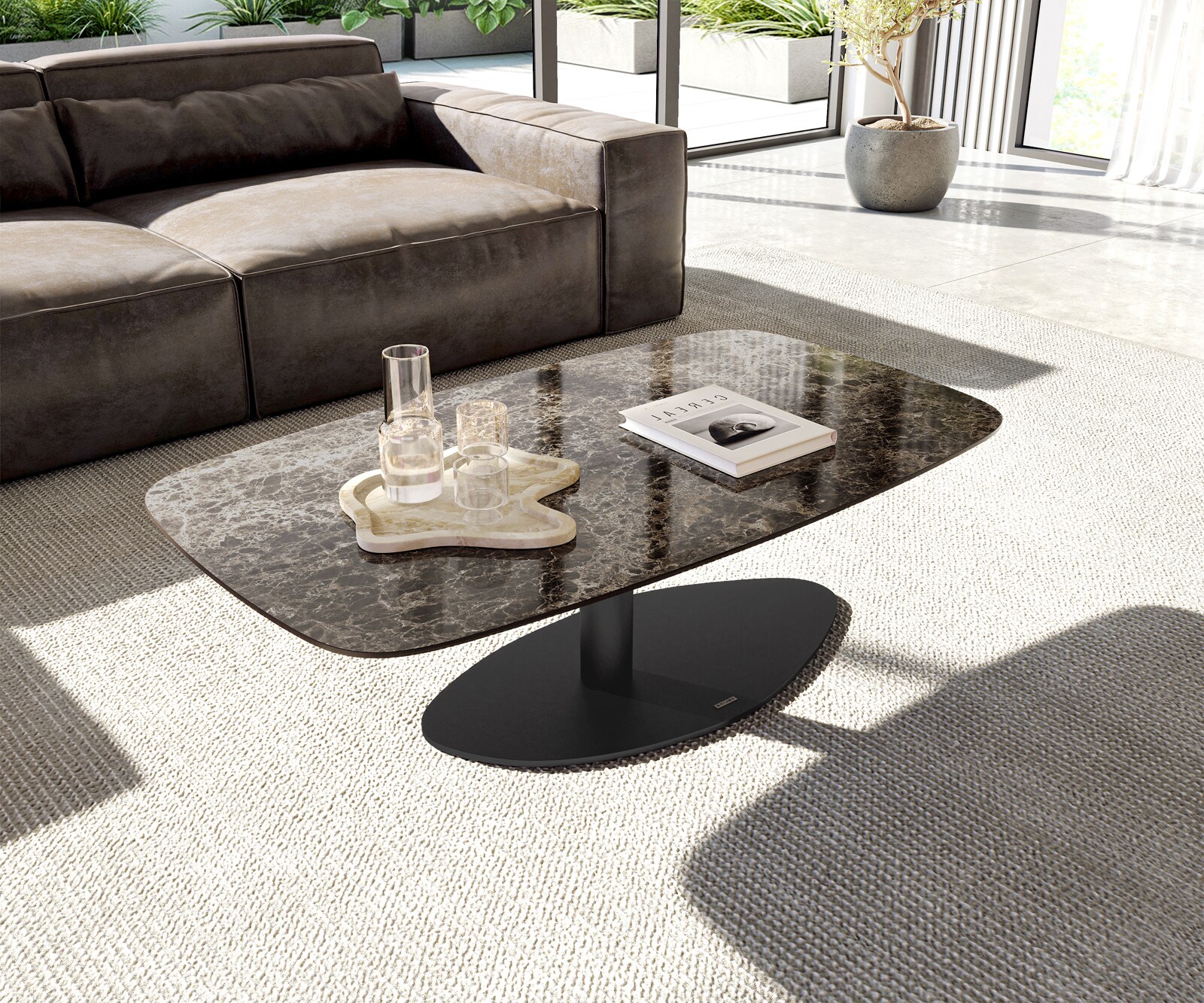 Stolik kawowy Edge w kształcie beczki 120x70 cm ceramika Laminam® Emperador Extra Lucidato ciemnobrązowy Vibany czarny metal
