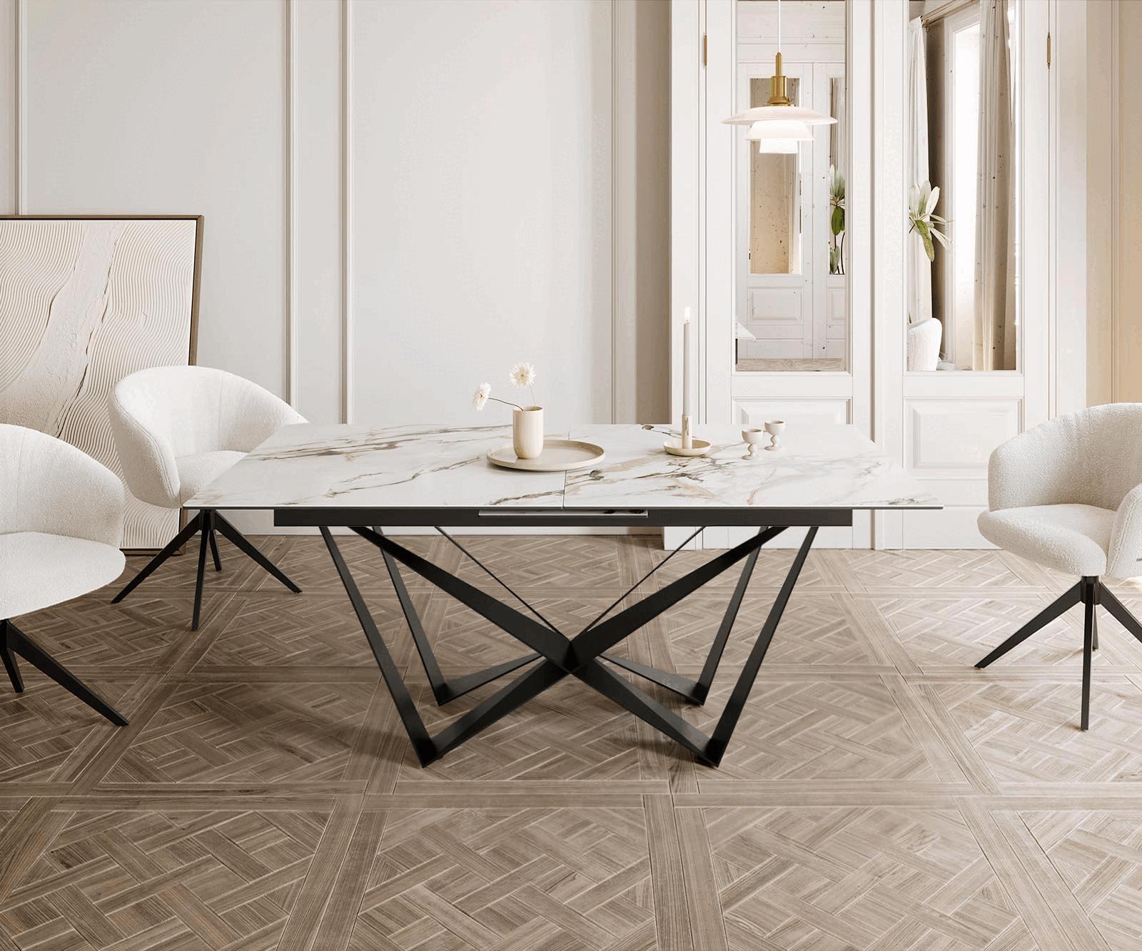 Stół do jadalni Edge 180-220x100 cm ceramika Calacatta Luxe biało-złoto-szary rama Spider metal czarna rozkładany 1