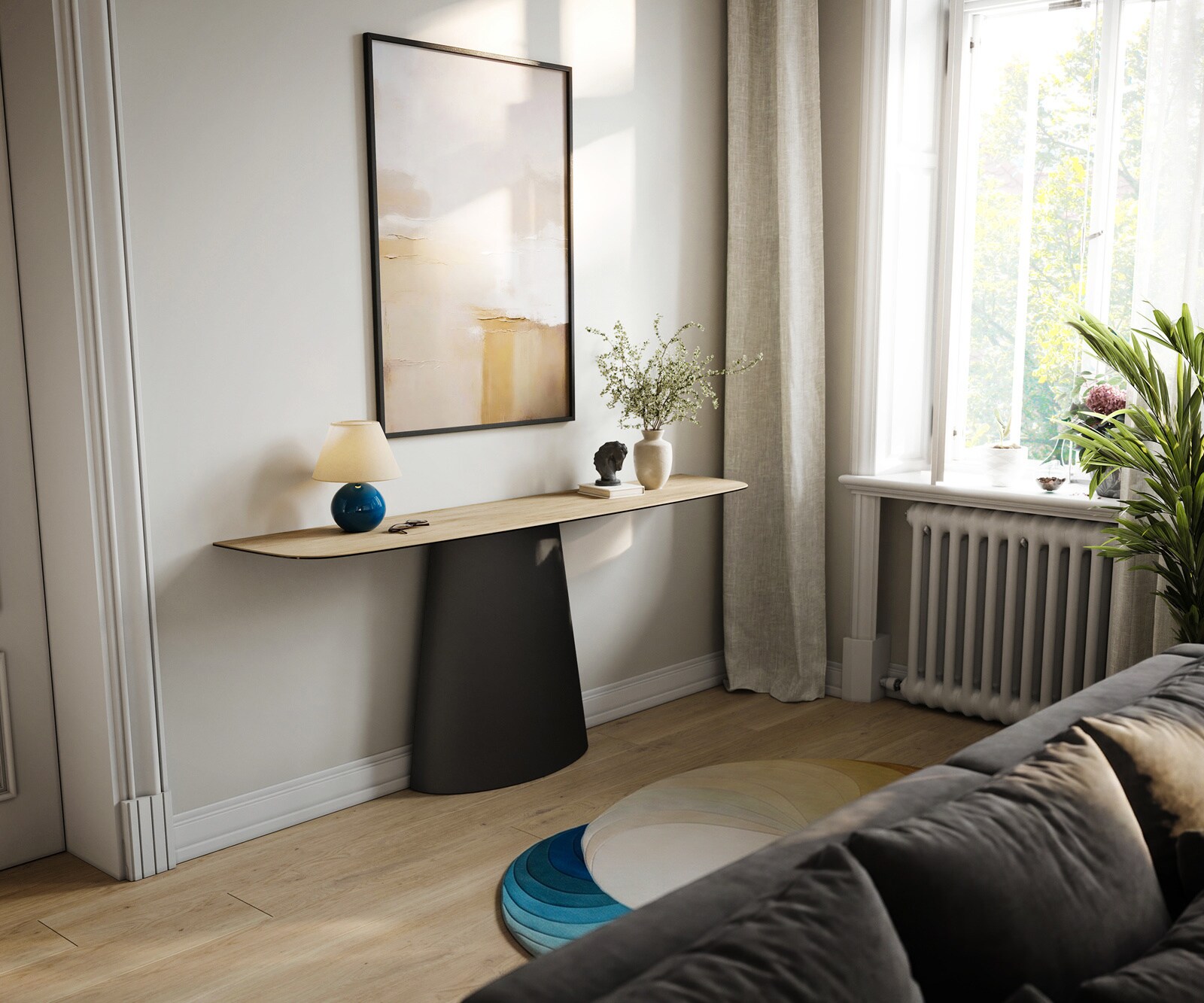 Konsola Edge w kształcie beczki 180x40 cm ceramika Laminam® Sabbia w kolorze dębu rama Conos metal czarny 7