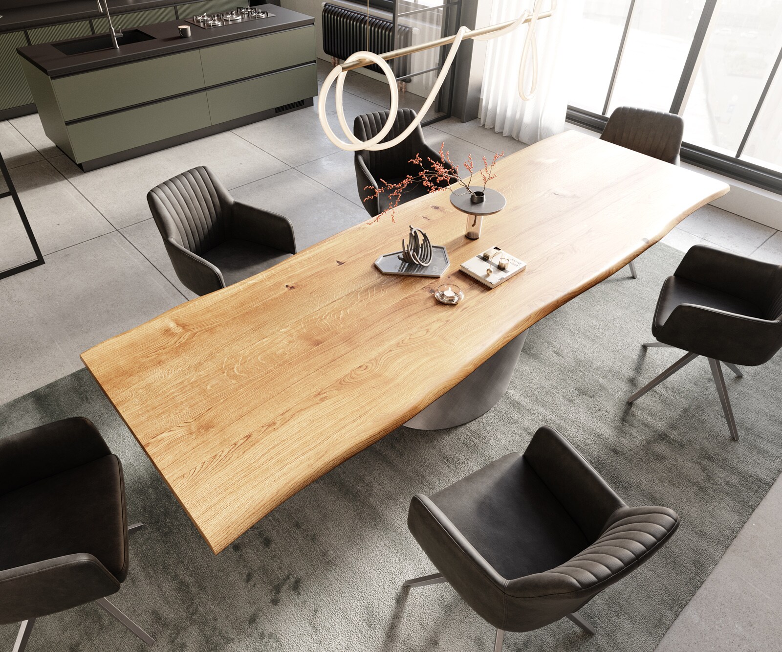 Stół do jadalni Edge 300x100x4cm dąb naturalny rama Cono metaliczny srebrny live-edge 4