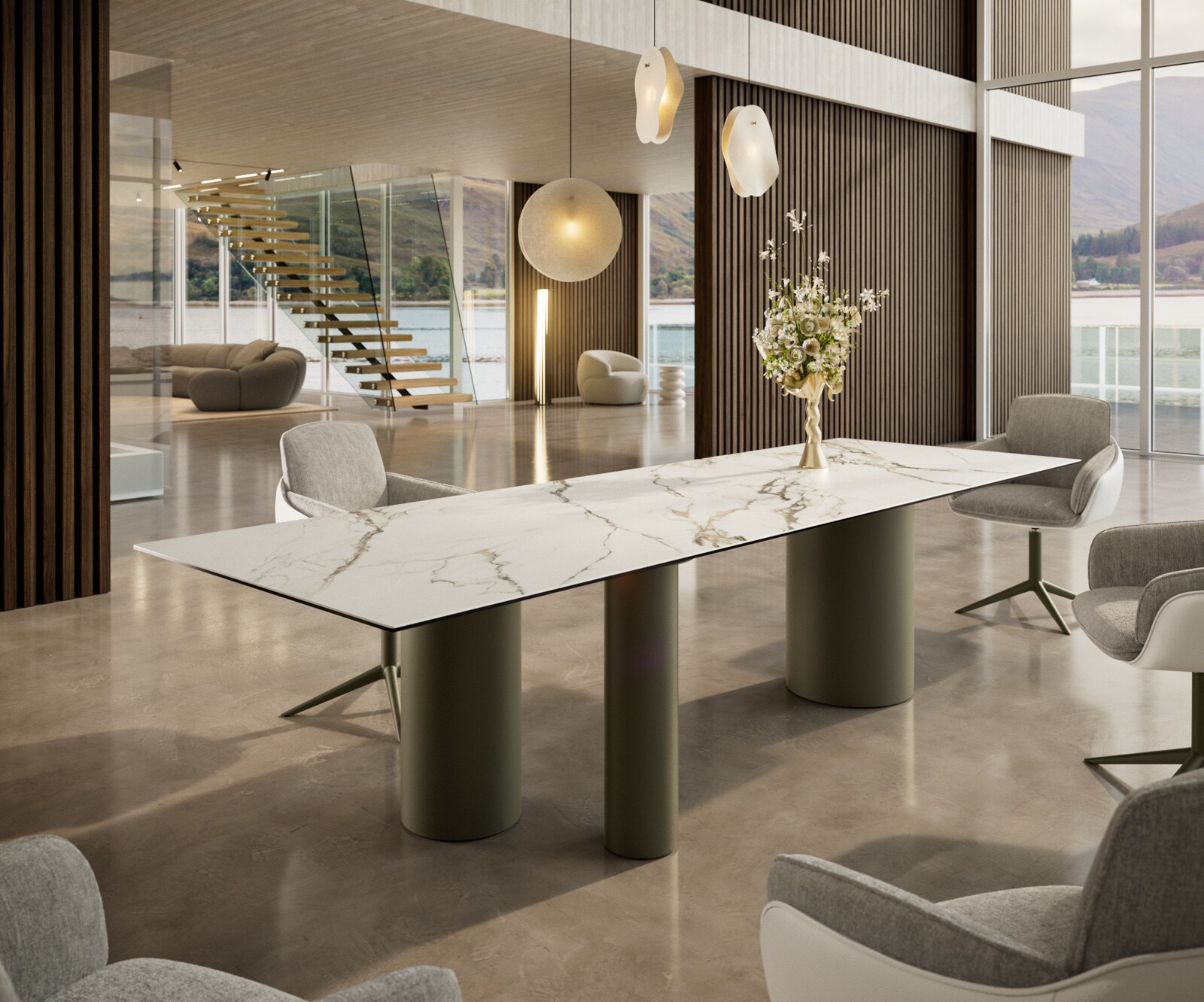 Stół do jadalni Edge 300x100cm ceramika Calacatta Luxe biało-złoto-szary rama Troa metal kolor tytanowy 1