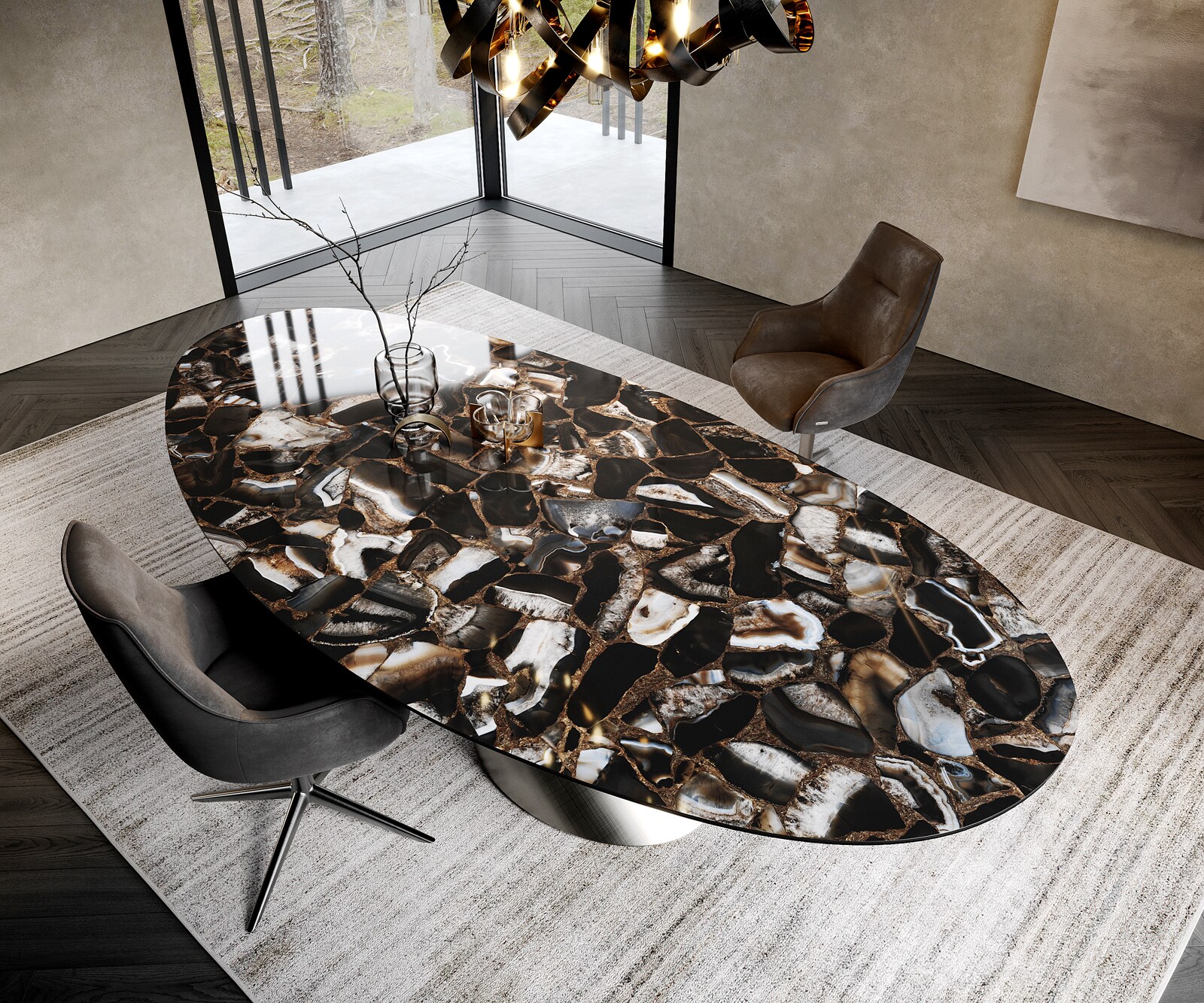 Stół do jadalni Edge owalny 280x130 cm ceramika Iris FMG Agatablack rama Cono metaliczny srebrny 1