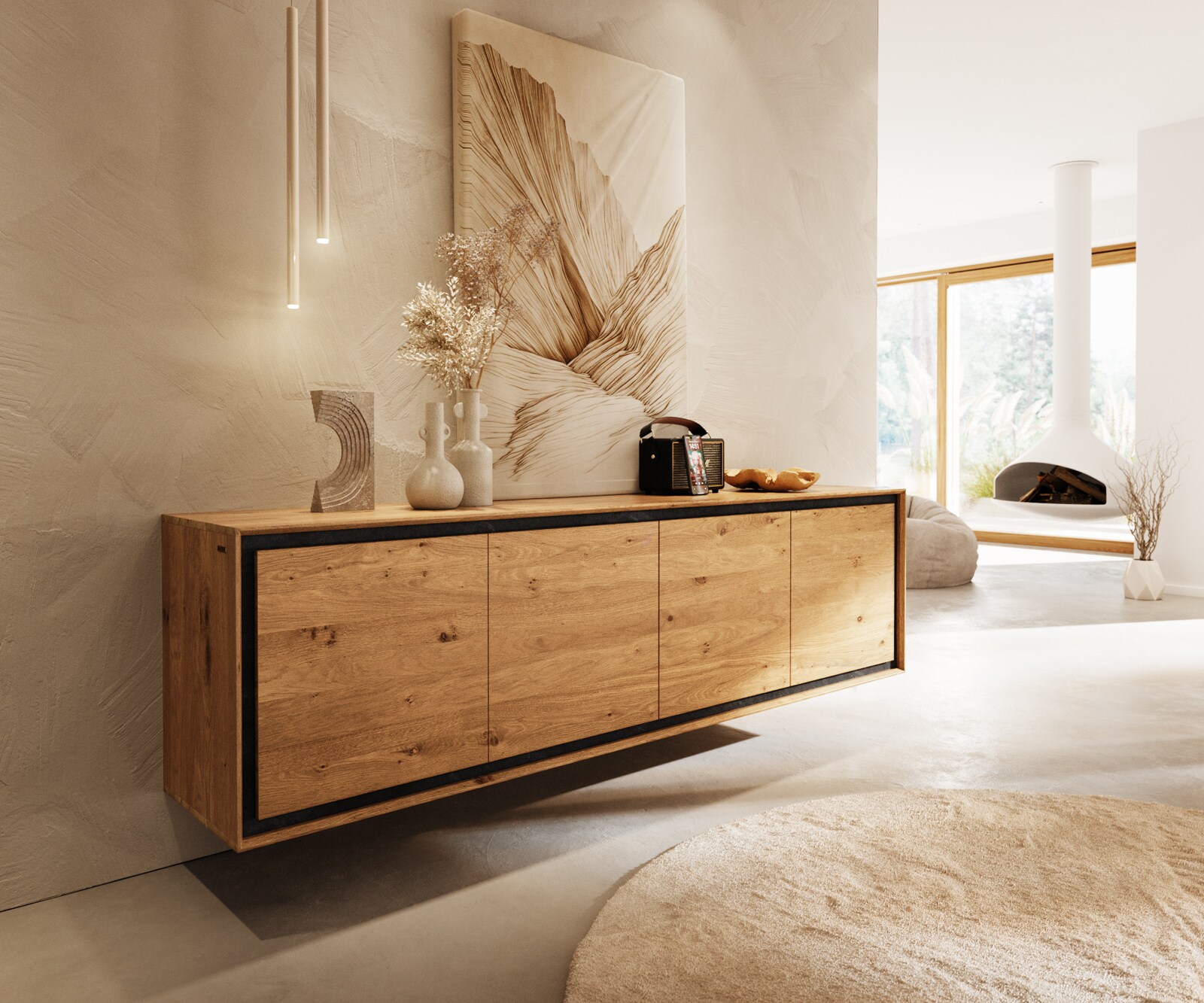 Komoda Stonegrace 200 cm dąb naturalny 4 drzwi fornir kamienny podwieszana