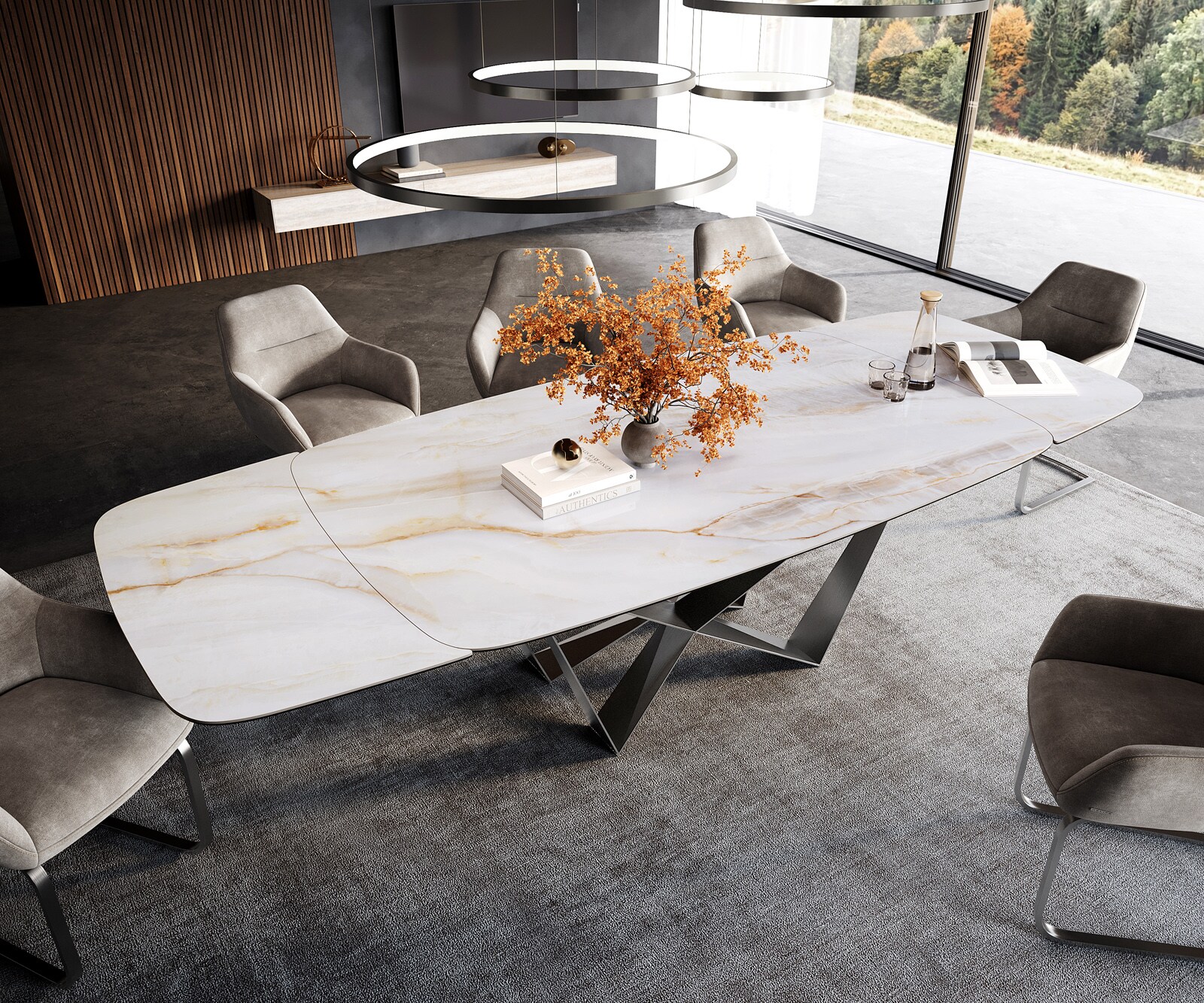 Stół do jadalni Edge w kształcie beczki 200-300x120 cm ceramika Onyx Pearl rama Spider stal nierdzewna rozkładany 4