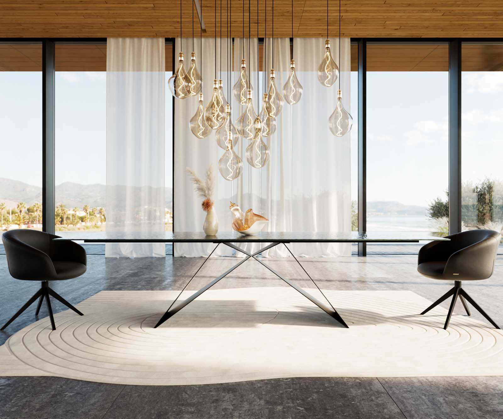 Stół do jadalni Edge 300x100cm szkło reliefowe czarne efekt 3D rama V metal czarna 1