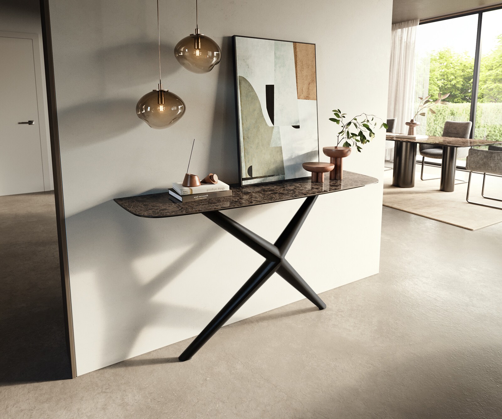Konsola Edge w kształcie beczki 140x40 cm ceramika Emperador Extra Lucidato ciemnobrązowa rama Estelo metal czarny 4