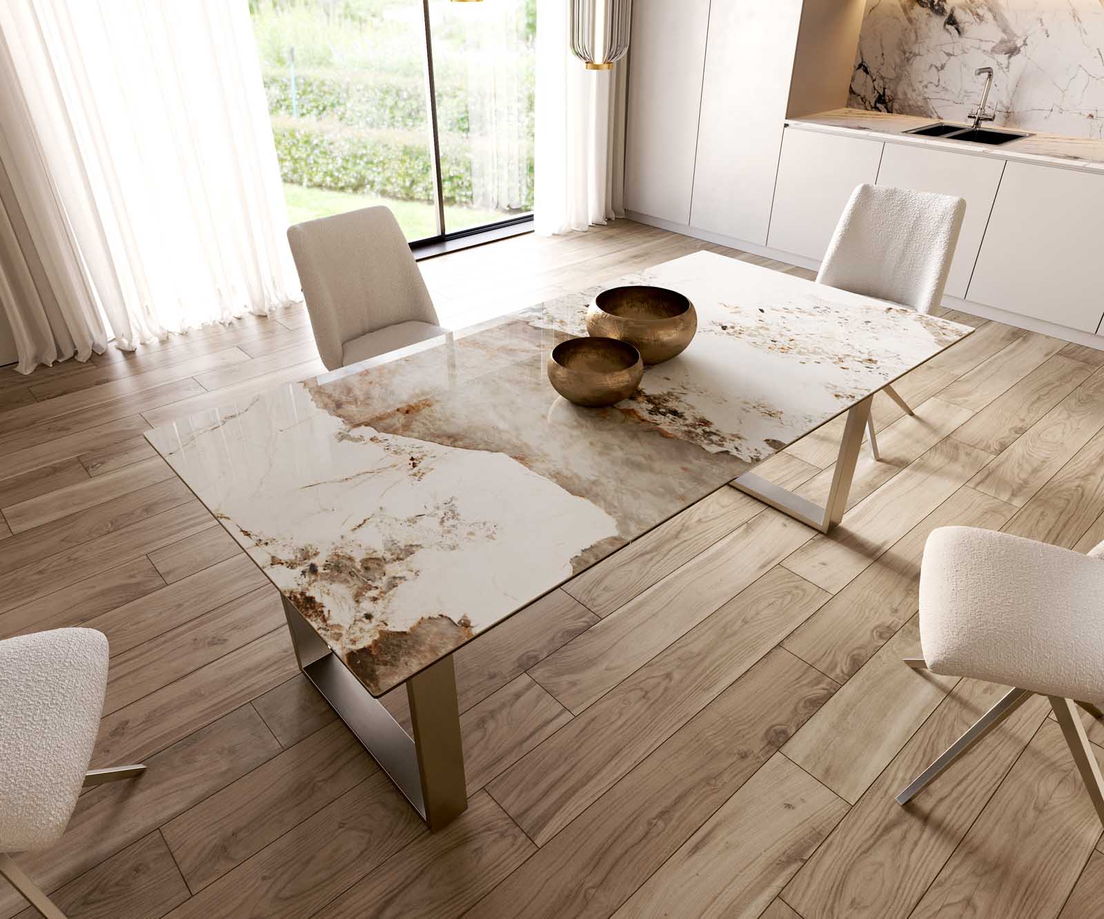 Stół do jadalni Edge 200x100 cm ceramika Minas Melange biało-beżowy stal nierdzewna wąska rama 5