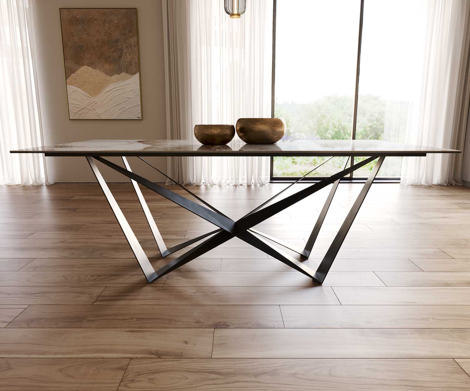 Stół do jadalni Edge 200x100 cm ceramika Minas Melange biało-beżowy rama Spider metal czarna 8