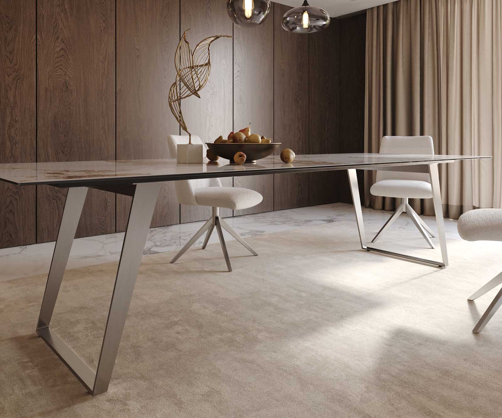 Stół do jadalni Edge 300x100cm ceramika Minas Melange biało-beżowy stal nierdzewna pochylona rama 6