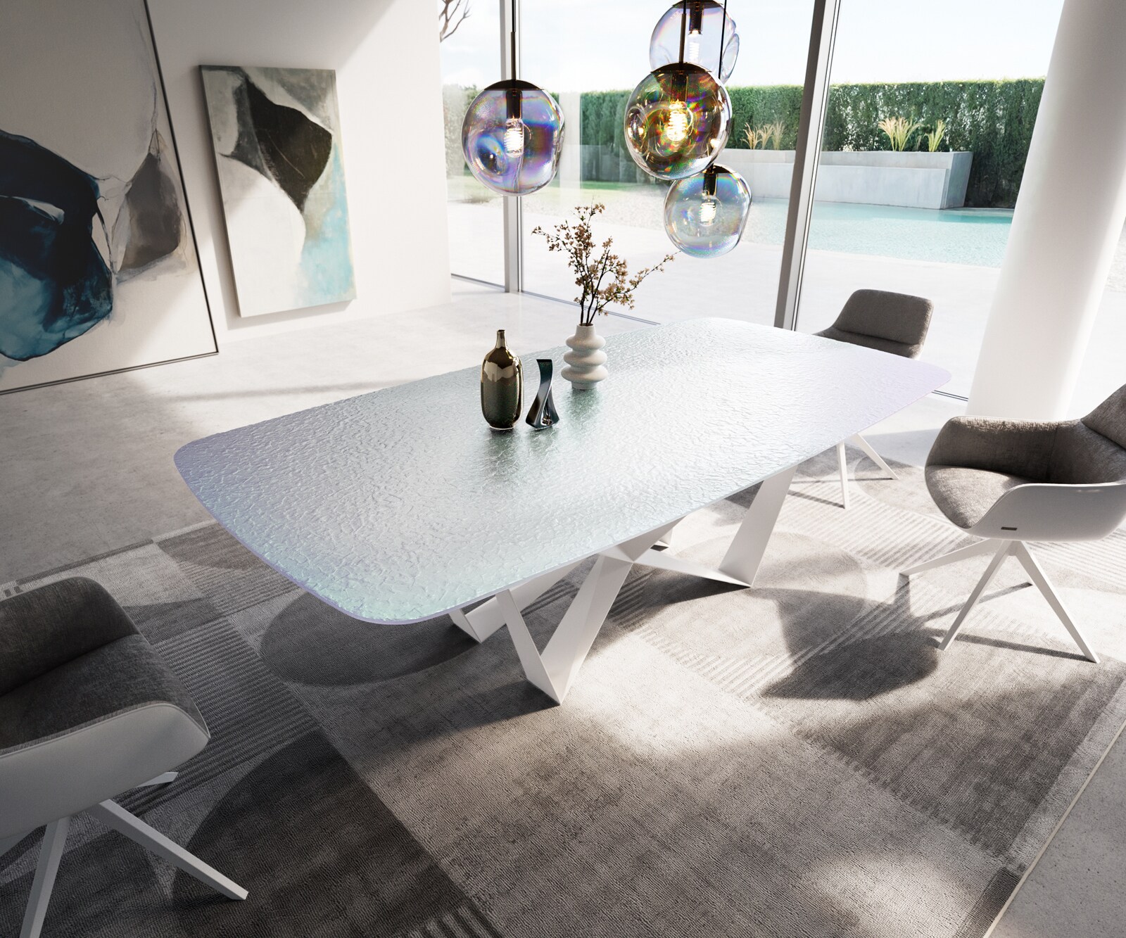 Stół do jadalni Edge w kształcie beczki 240x120 cm szkło reliefowe masa perłowa efekt 3D rama Spider metal biały