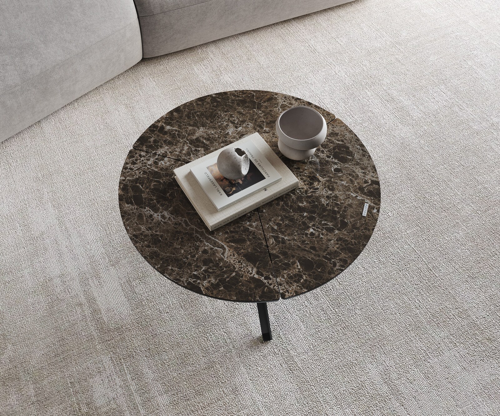 Stolik kawowy Delron 70x70cm ceramika Emperador Extra Lucidato ciemnobrązowa podstawa krzyżowa płaska metal czarny 3