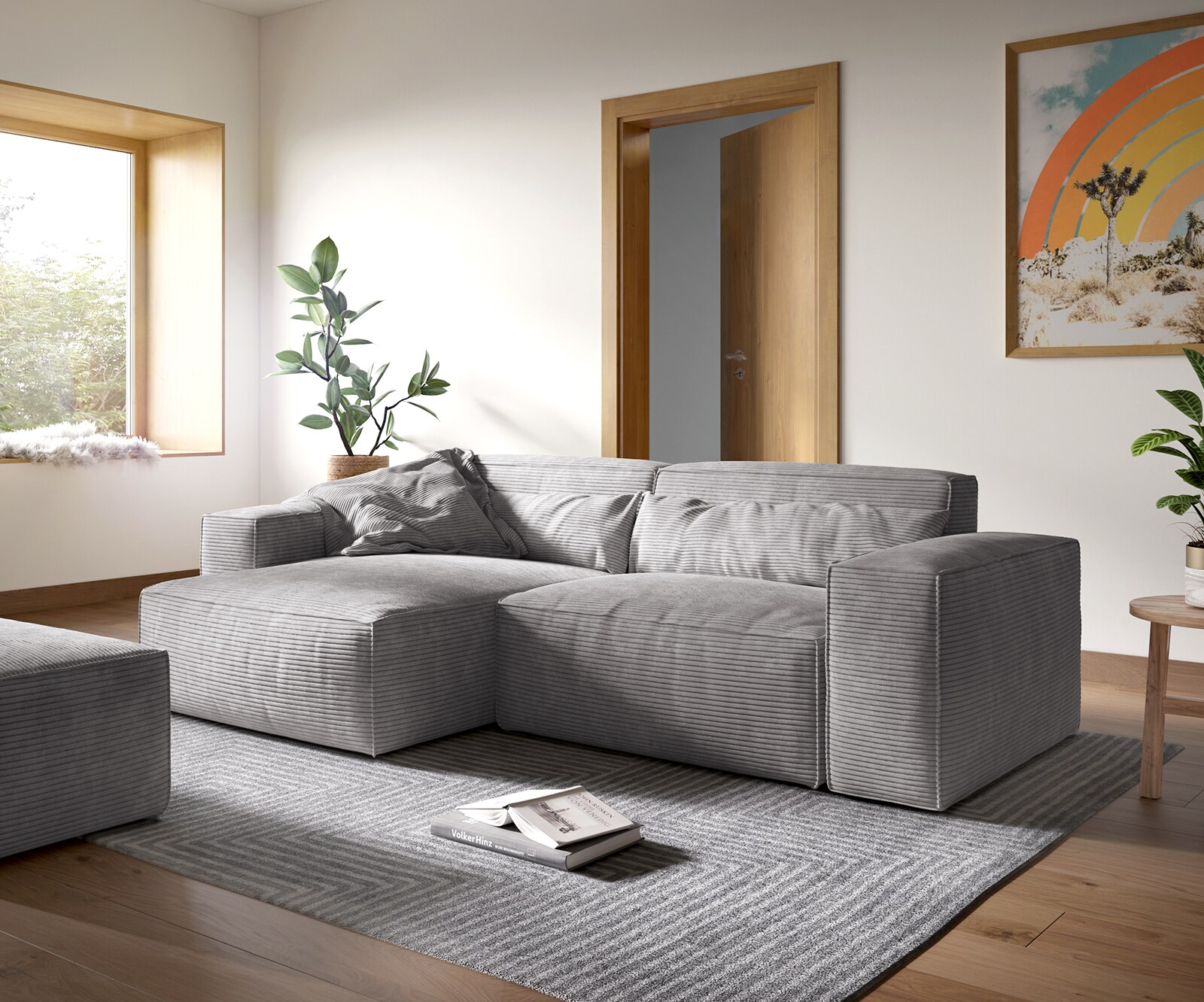 Sofa narożna Sirpio XL 270x170cm sztruks srebrno-szary szezlong z możliwością zmiennego ustawienia z pufem