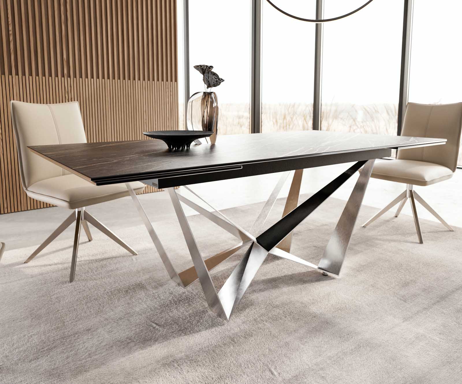 Stół do jadalni Edge 200-300x100 cm ceramika Laminam® Noir Desir brązowy rama Spider stal nierdzewna rozkładany 6