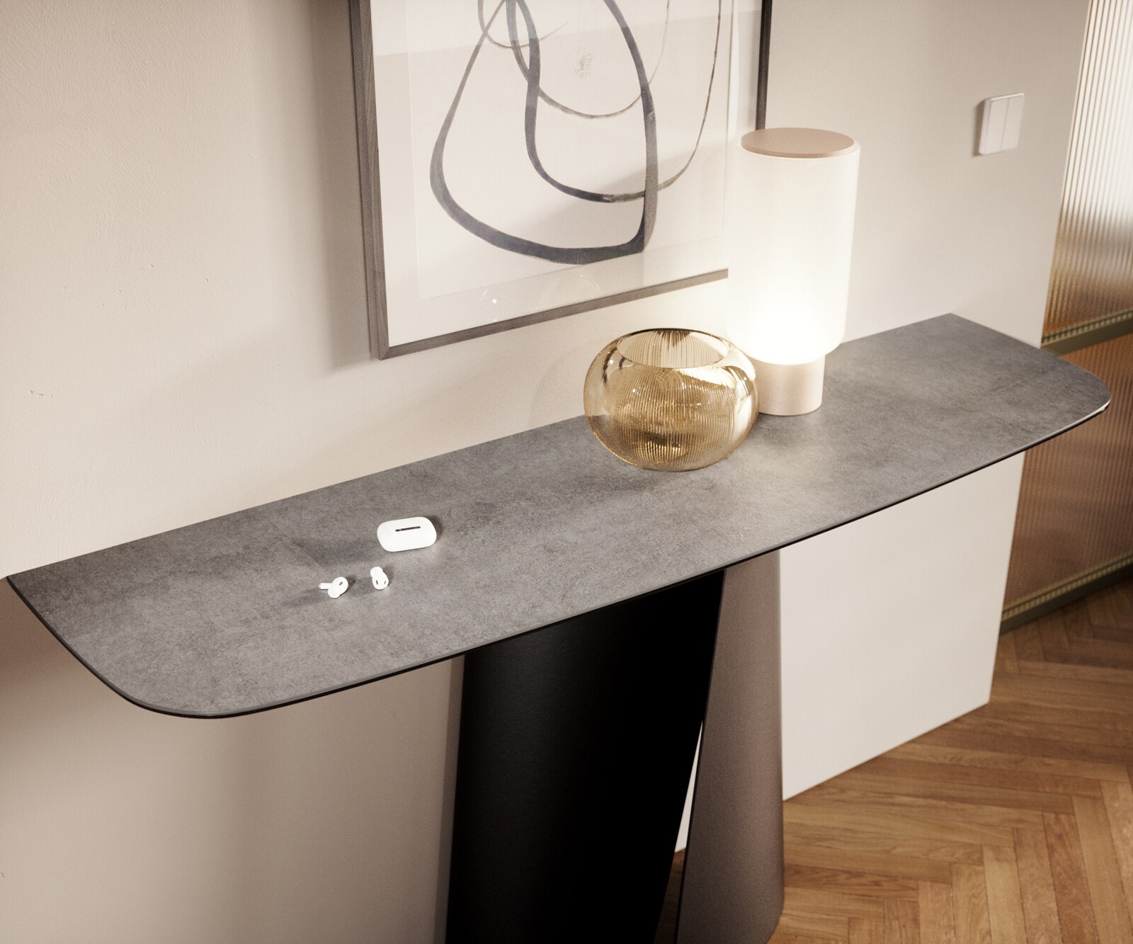 Konsola Edge w kształcie beczki 140x40 cm ceramika w kolorze betonowej szarości podstawa Livos metal czarny 6
