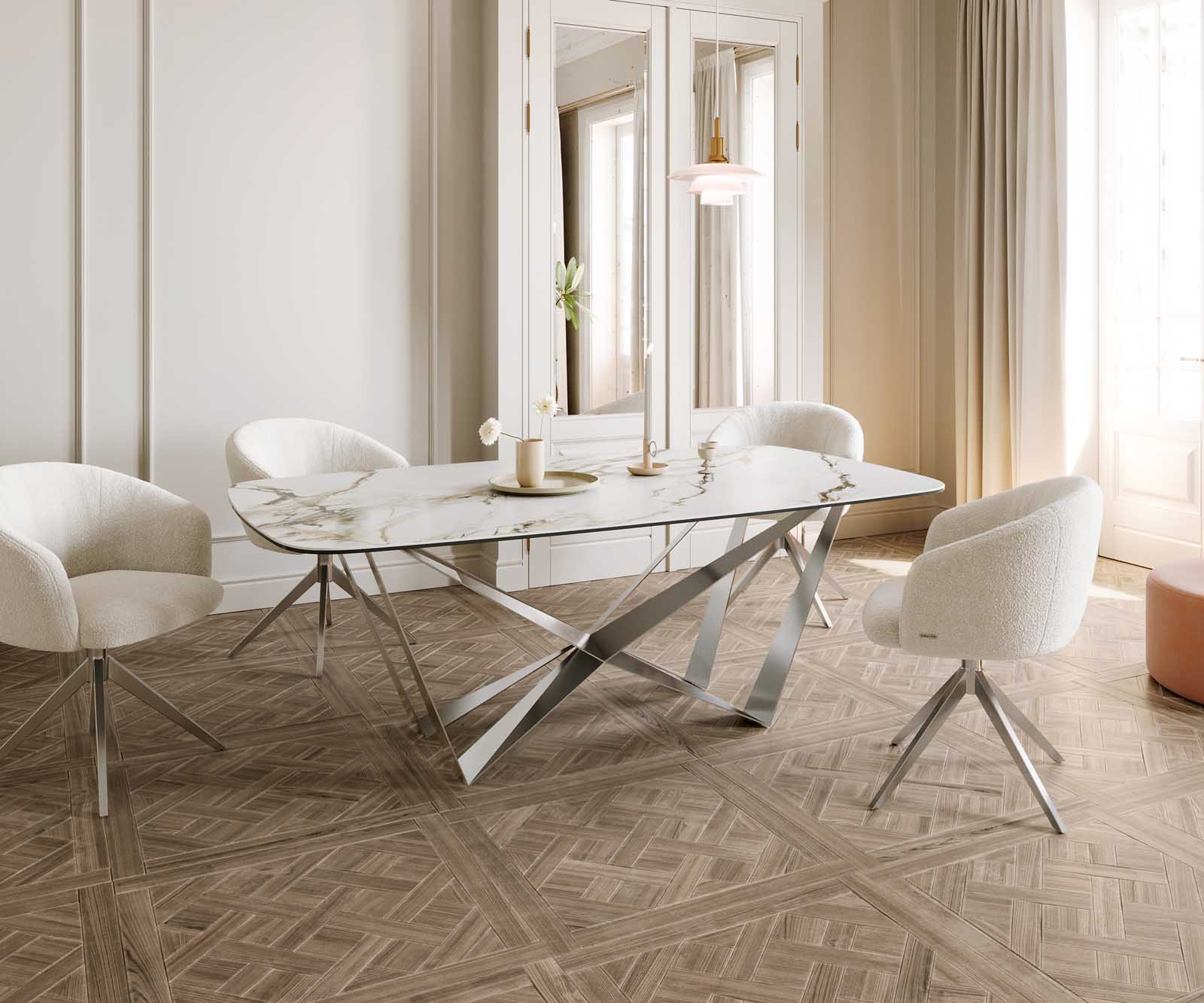 Stół do jadalni Edge kształt beczki 200x100cm ceramika Calacatta Luxe biało-złoto-szary rama Spider stal nierdzewna 6