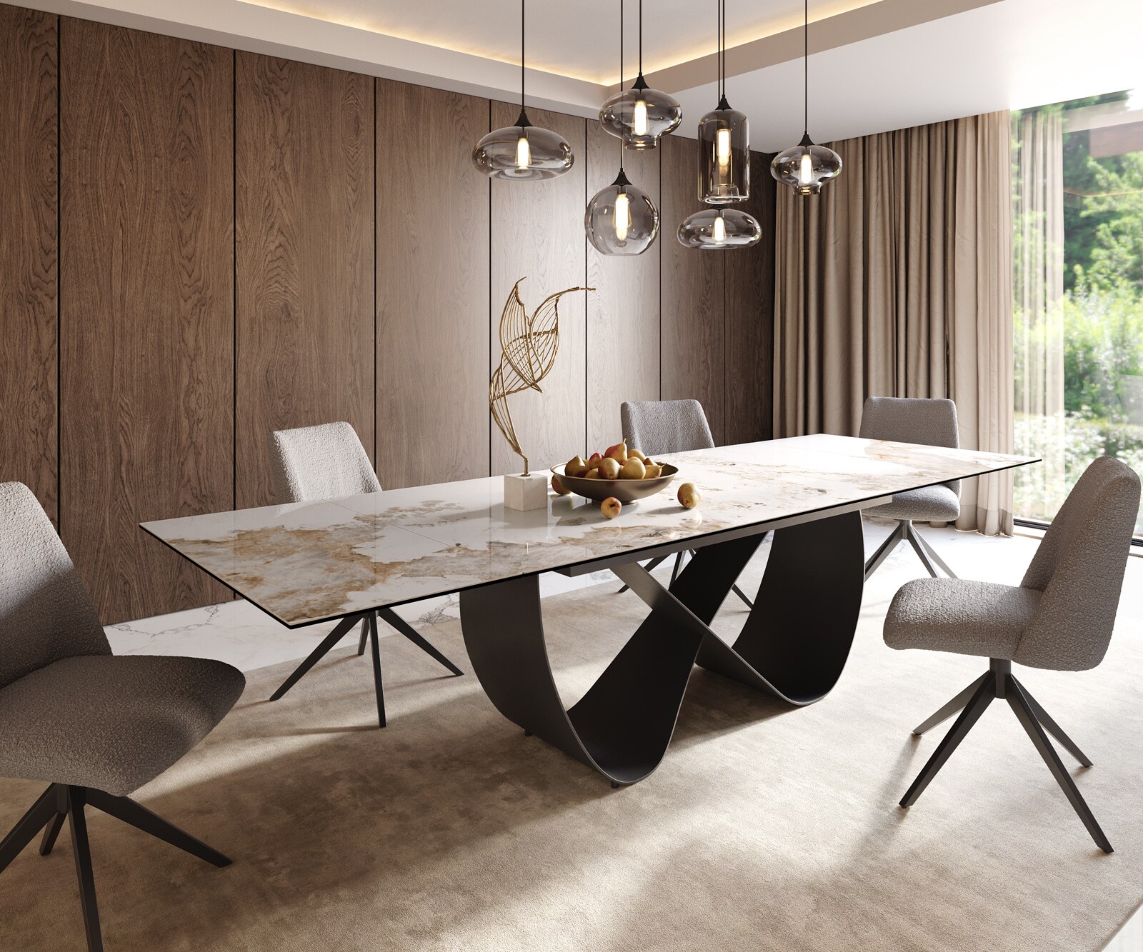 Stół do jadalni Edge 200-300x100cm ceramika Minas Melange biało-beżowy rama Infinity metal czarny rozkładany