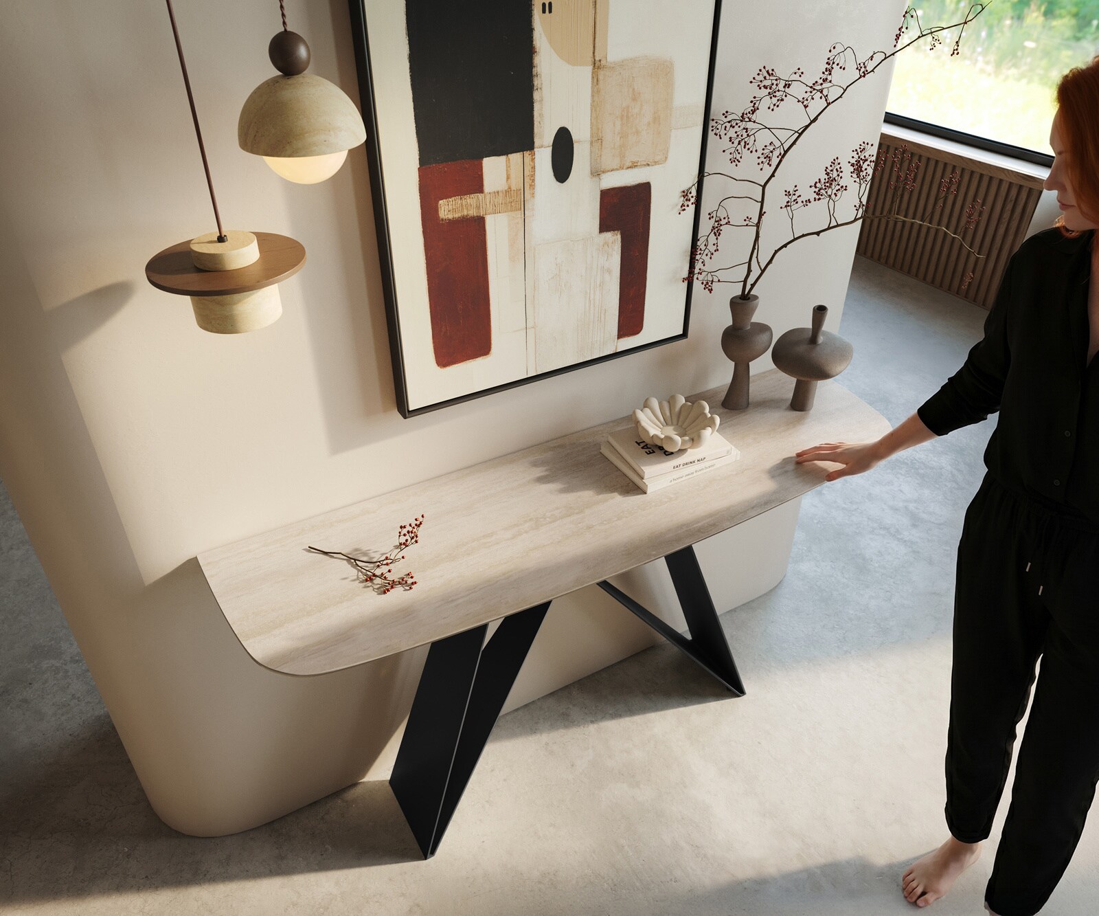Konsola Edge w kształcie beczki 140x40 cm ceramika Laminam® Travertino Bianco kremowo-biały podstawa Velio metal czarny 2