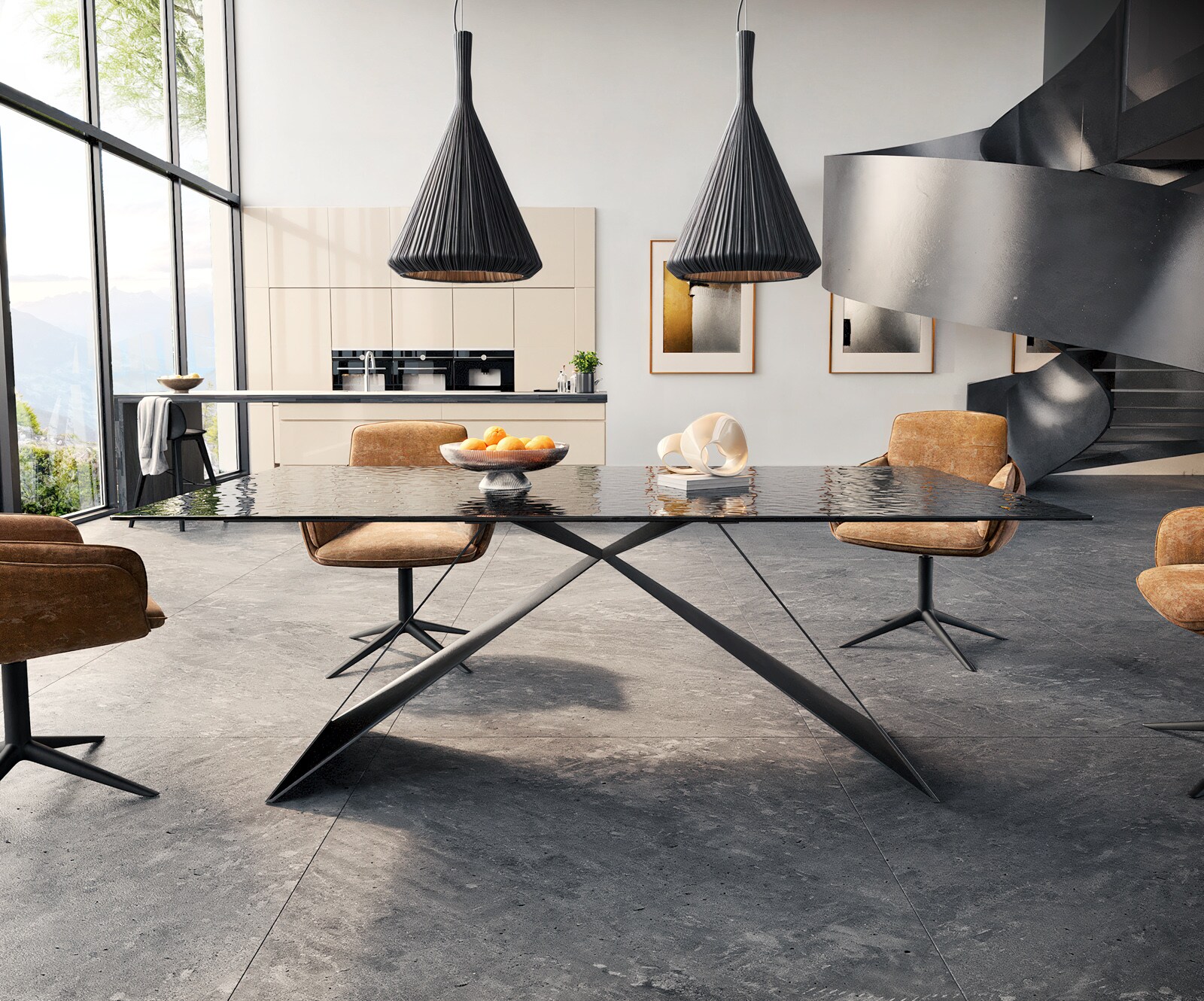 Stół do jadalni Edge 200x100 cm szkło reliefowe czarne efekt 3D rama V metal czarna 2