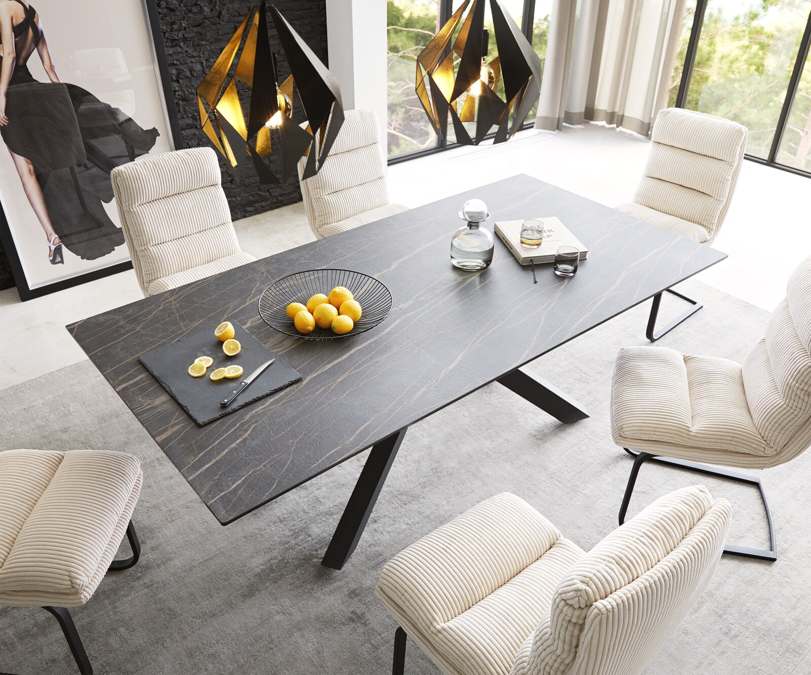 Stół do jadalni Edge 200x100 cm ceramika Laminam® Noir Desir brązowy rama Cross czarna 1