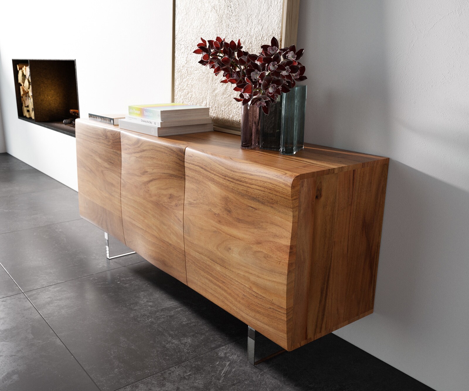 Komoda New Live-Edge 145 cm akacja naturalna 3 drzwi nóżki akrylowe 2