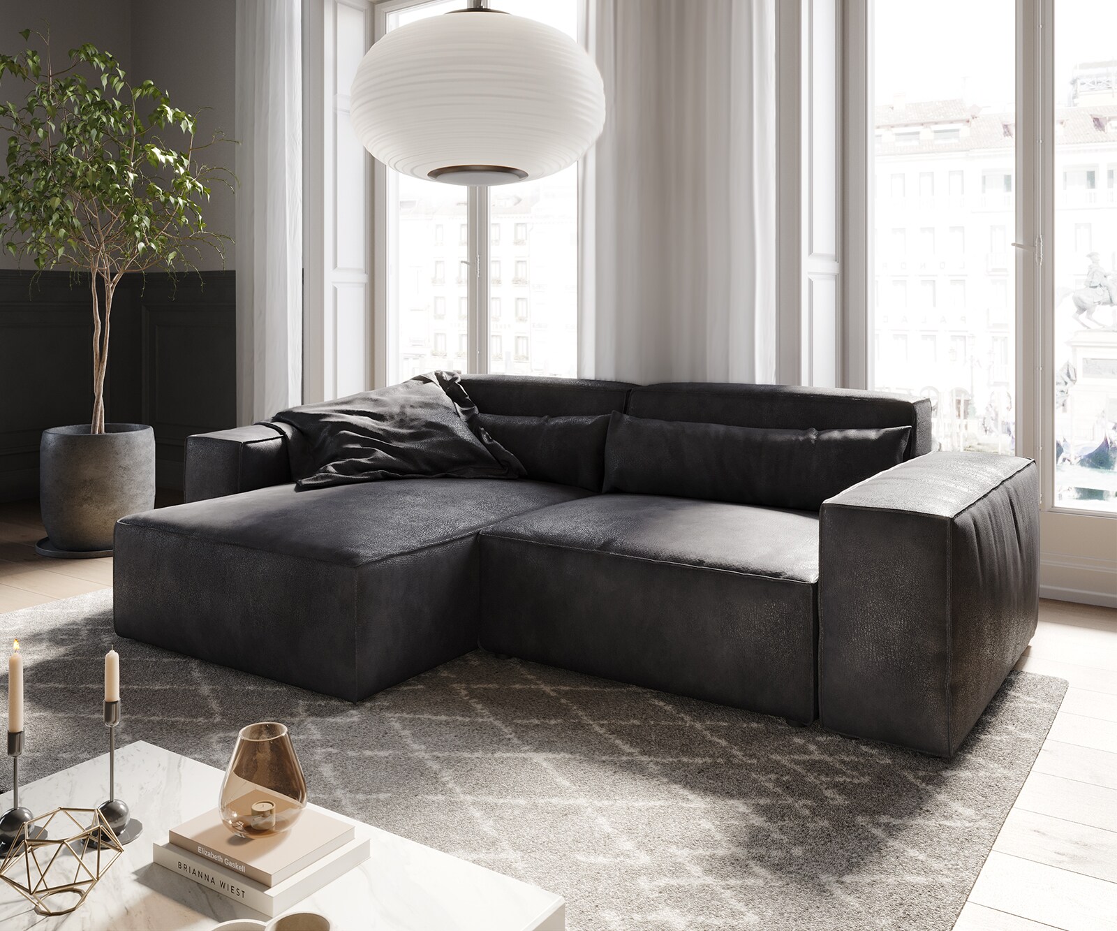 Sofa narożna Sirpio 230x155 cm skóra ekologiczna antracyt vintage szezlong z możliwością zmiennego montażu