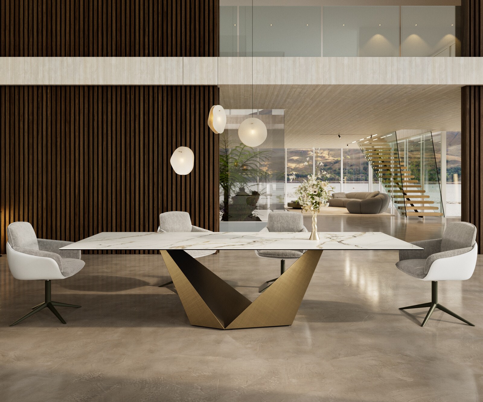 Stół do jadalni Edge 300x100cm ceramika Calacatta Luxe biało-złoto-szary rama Prisma metaliczny złoty