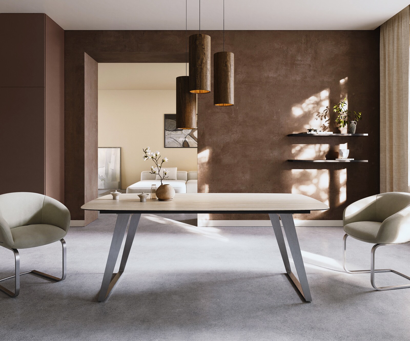 Stół do jadalni Edge w kształcie beczki 200x100cm ceramika Laminam® Travertino Bianco kremowo-biały stal nierdzewna rama pochylona