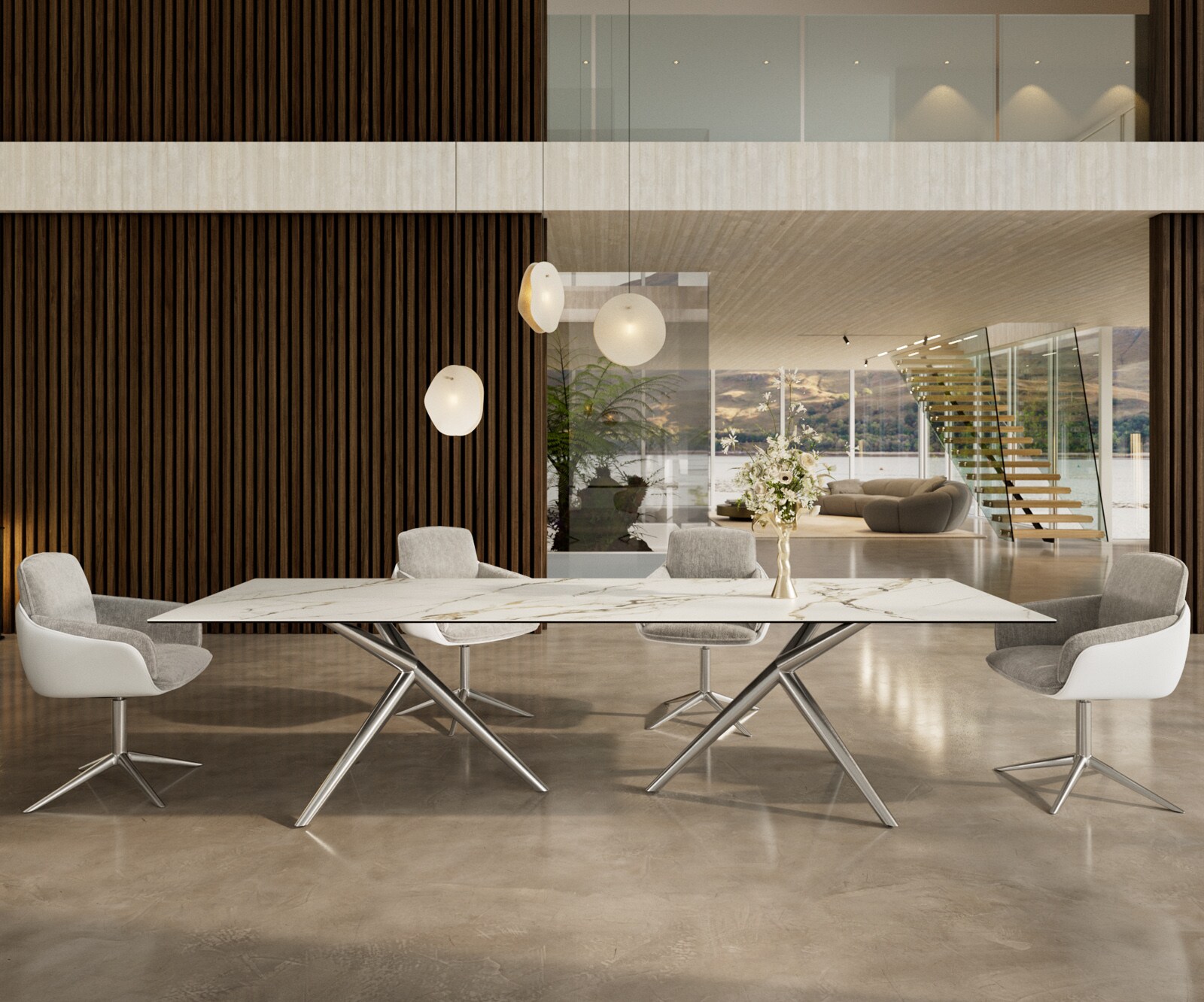 Stół do jadalni Edge 300x100cm ceramika Calacatta Luxe biało-złoto-szary rama Estelar stal nierdzewna