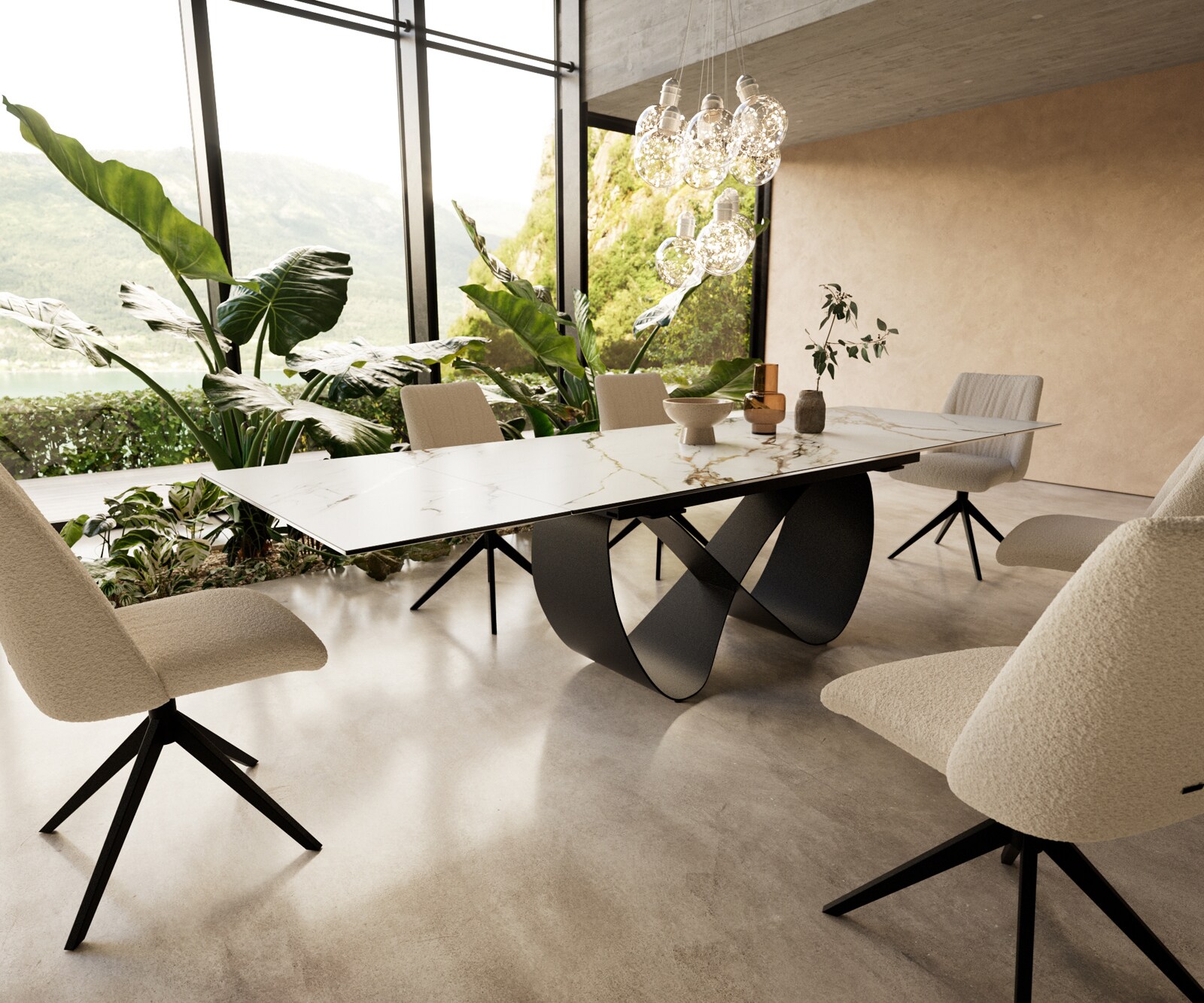 Stół do jadalni Edge 200-300x100cm ceramika Calacatta Luxe Biało-Złoto-Szary rama Infinity metal czarny rozkładany