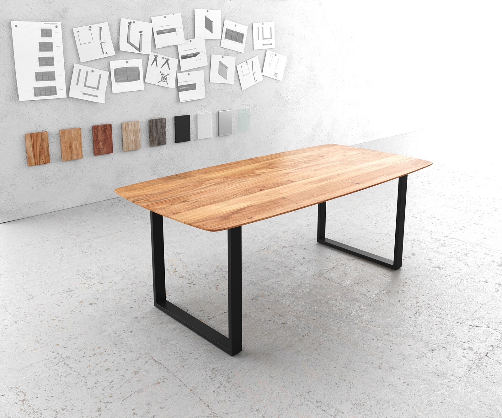 Stół do jadalni Edge kształt beczki 200x100cm akacja naturalna metal wąska rama czarna krawędź szwajcarska 1