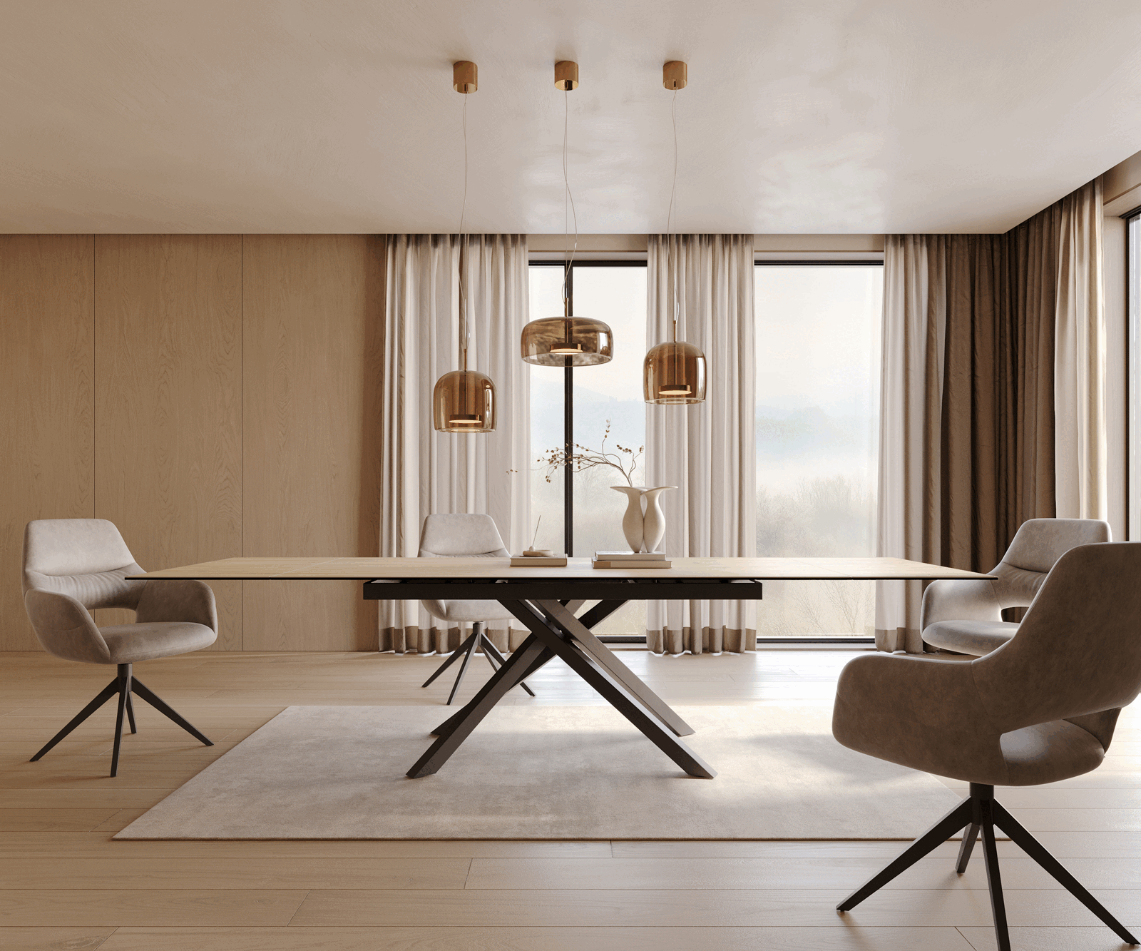 Stół do jadalni Edge 200-300x100 cm ceramika Laminam® Sabbia kolor dębu rama Cross czarna rozkładany 1