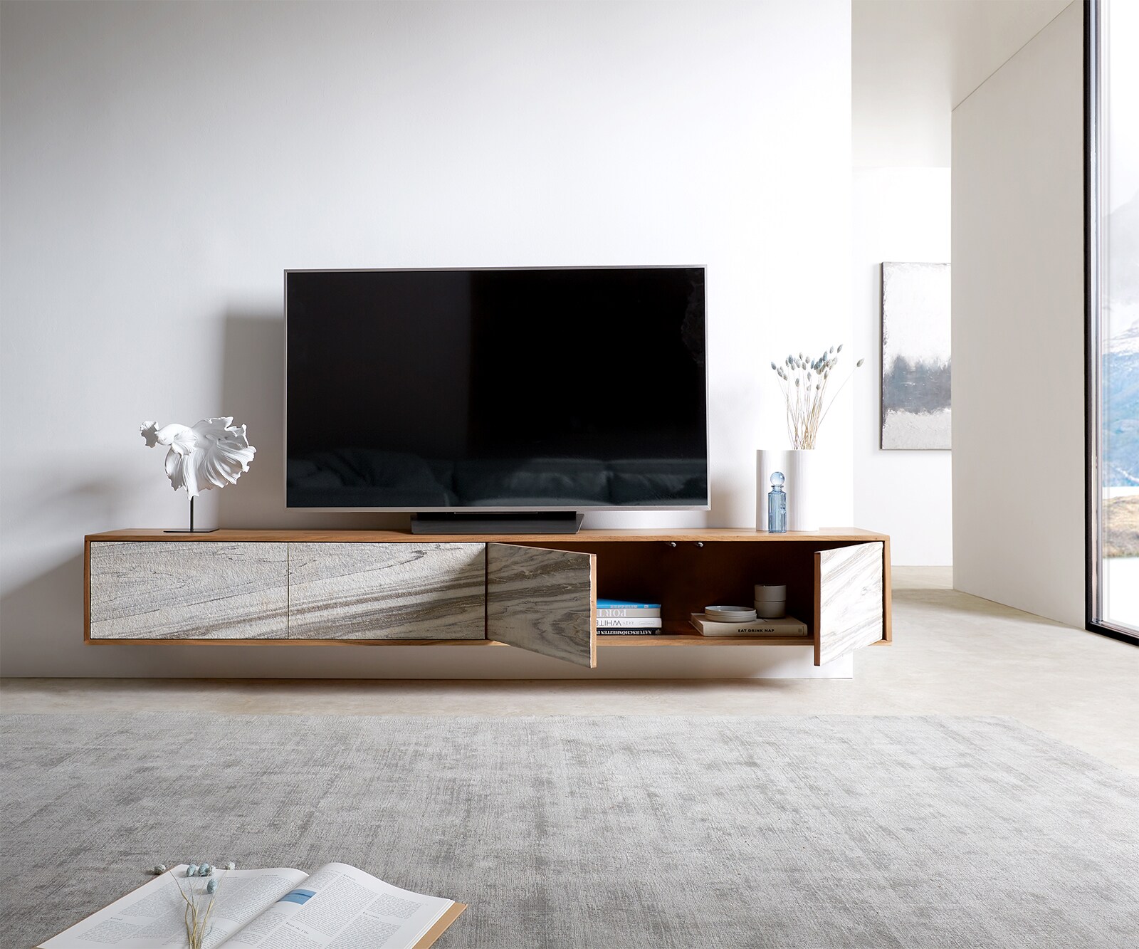 Szafka RTV Kleo 220 cm akacja naturalna 4 drzwi podwieszana 3