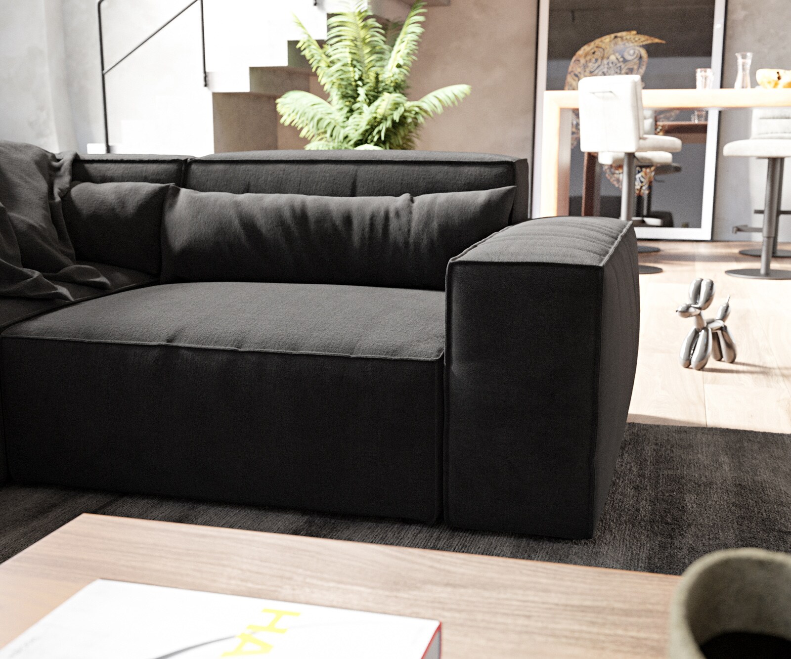 Sofa w kształcie litery U Sirpio 300x210 cm mikrofibra czarna szezlong z możliwością obustronnego montażu z pufem 6