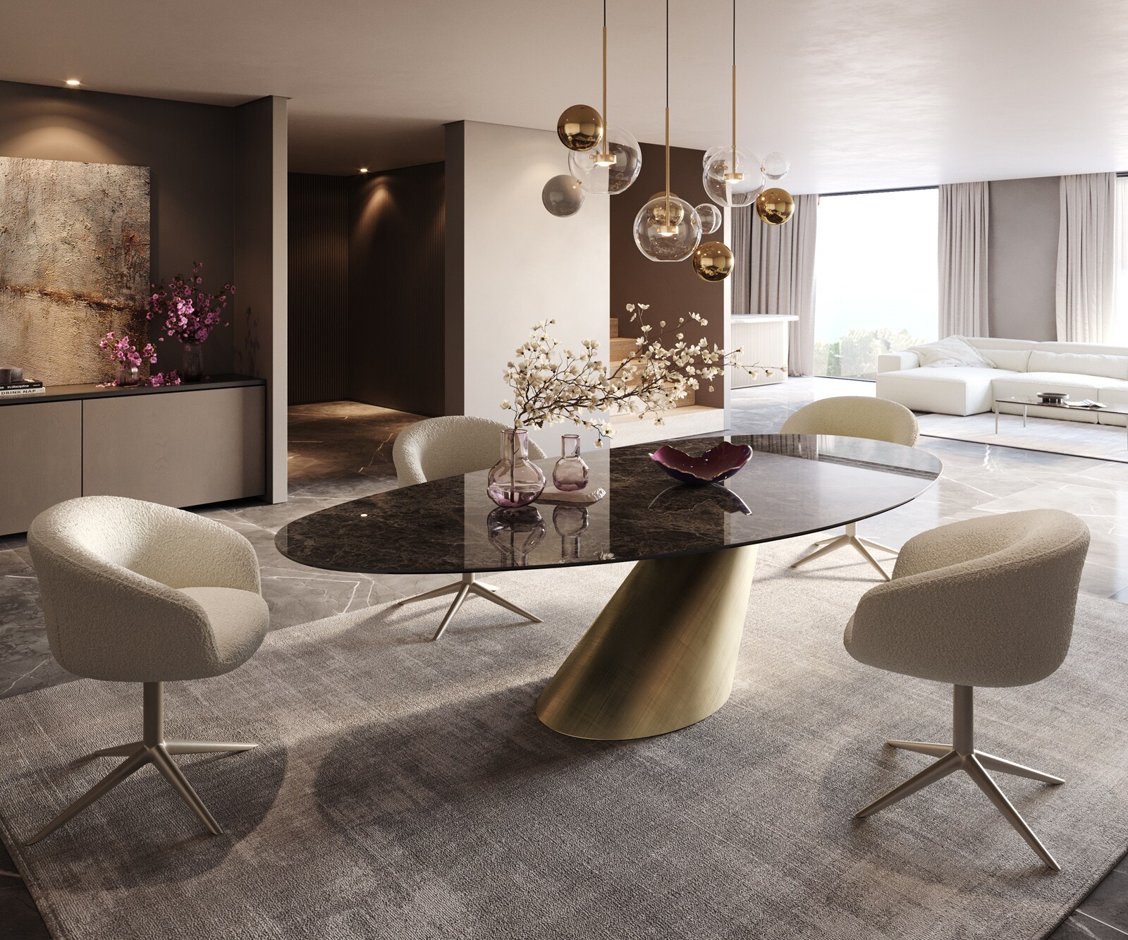 Stół do jadalni Edge owalny 280x130cm ceramika Emperador Extra Lucidato ciemnobrązowy rama Cono metaliczny złoty 5