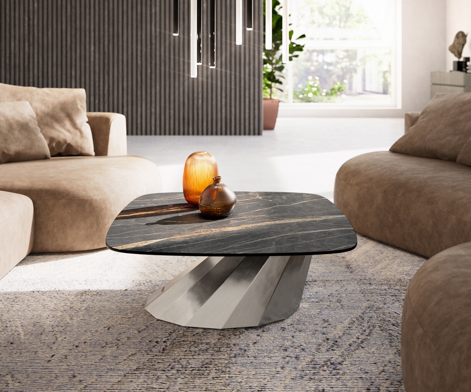 Stolik kawowy Edge w kształcie beczki 90x90 cm ceramika Laminam® Noir Desir brązowy Parabi stal nierdzewna szczotkowana 2