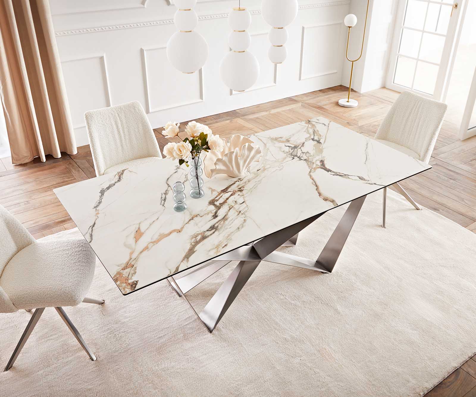 Stół do jadalni Edge 200x100 cm ceramika Calacatta Luxe biało-złoto-szary rama Spider stal nierdzewna 5