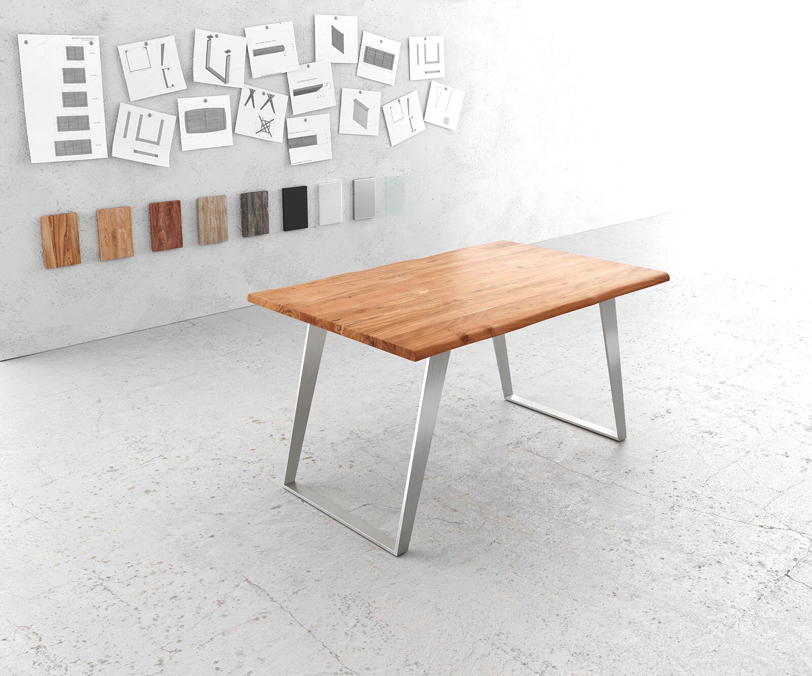 Stół do jadalni Edge 140x90cm akacja naturalna stal nierdzewna srebrna pochylona rama live-edge