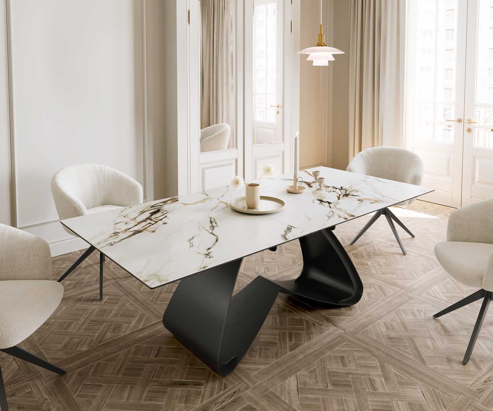 Stół do jadalni Edge 180-220x100 cm ceramika Calacatta Luxe biało-złoto-szary rama W czarna rozkładany
