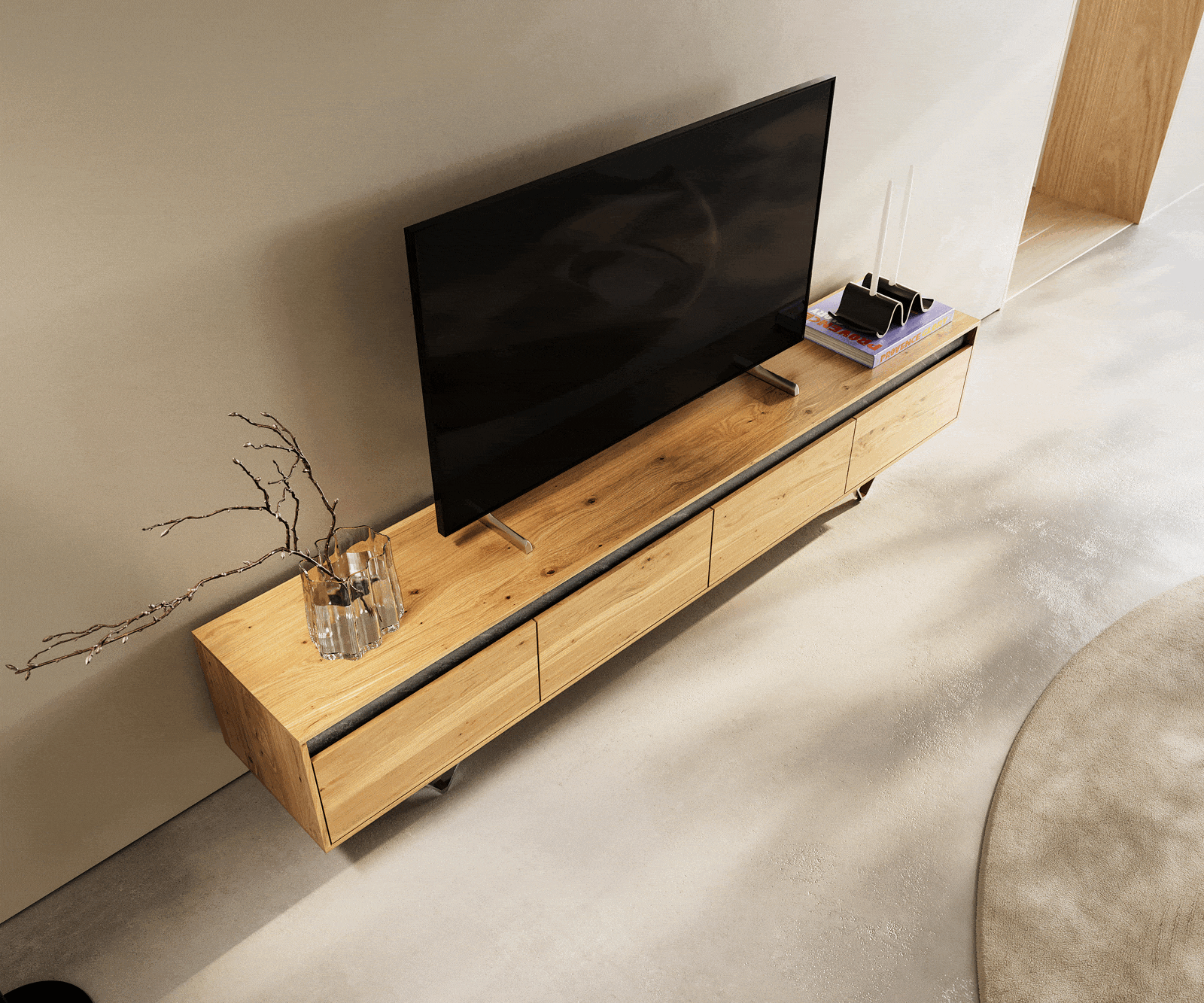 Szafka RTV Stonegrace 200 cm dąb naturalny łupek 4 szuflady nóżki V stal nierdzewna 3