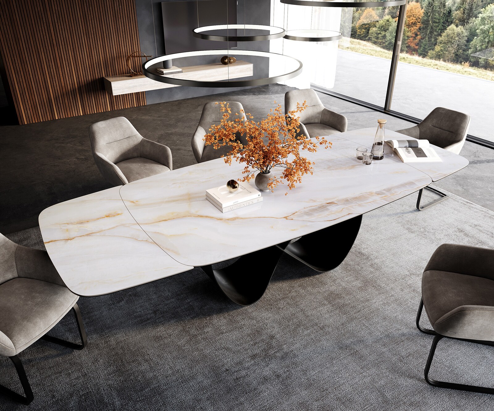 Stół do jadalni Edge w kształcie beczki 200-300x120 cm ceramika Onyx Pearl rama Infinity metal czarny rozkładany 4