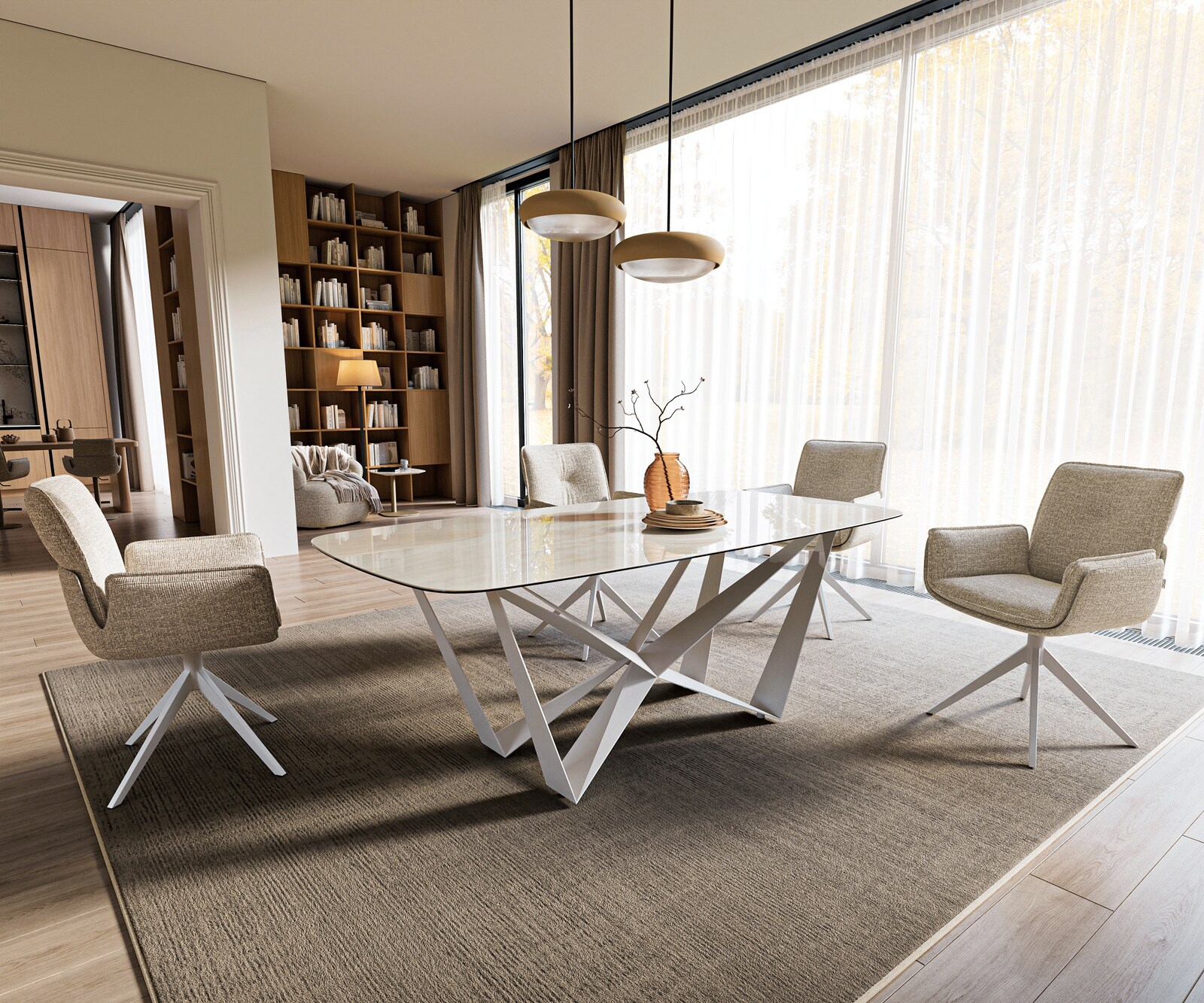 Stół do jadalni Edge w kształcie beczki 200x100 cm ceramika Onyx Champagne rama Spider metal biały 6