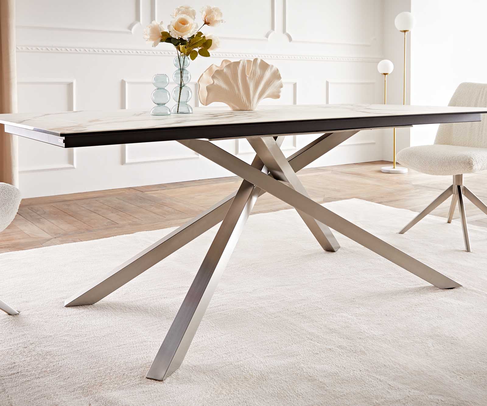 Stół do jadalni Edge 200x100 cm ceramika Calacatta Luxe biało-złoto-szary rama Cross stal nierdzewna 6