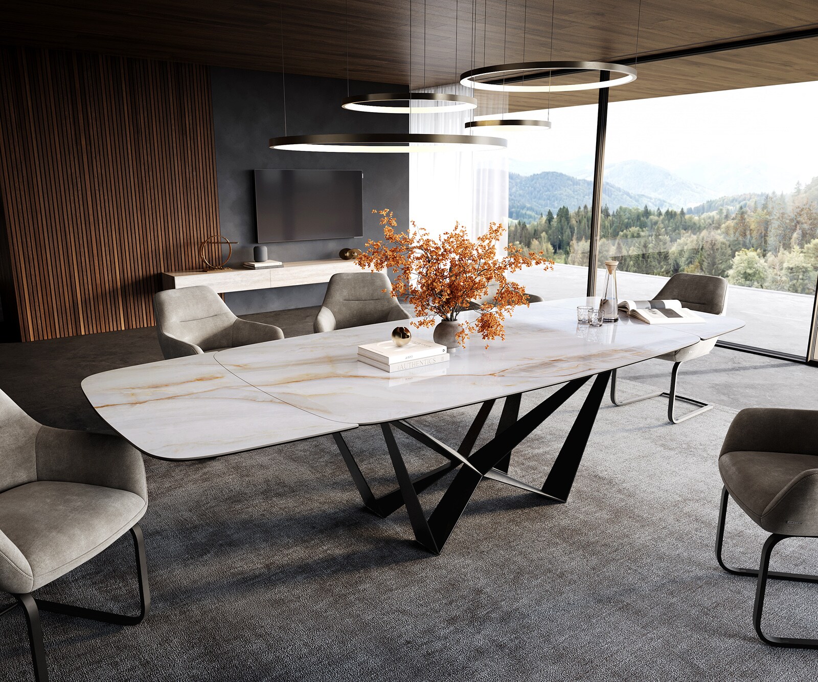 Stół do jadalni Edge w kształcie beczki 200-300x120 cm ceramika Onyx Pearl rama Spider czarna rozkładany 1
