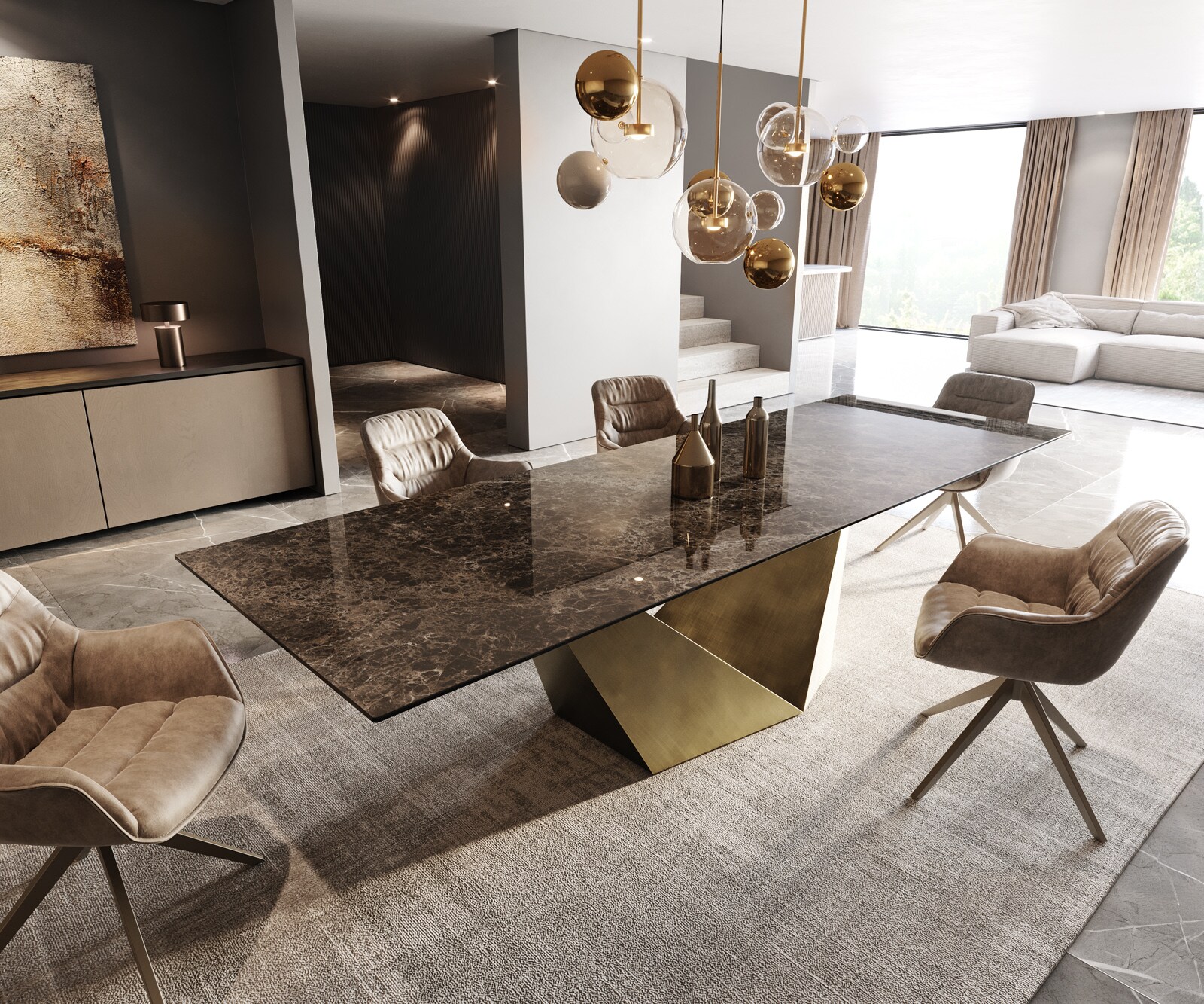 Stół do jadalni Edge 300x100 cm ceramika Laminam® Emperador Extra Lucidato ciemnobrązowa rama Prisma metaliczny złoty