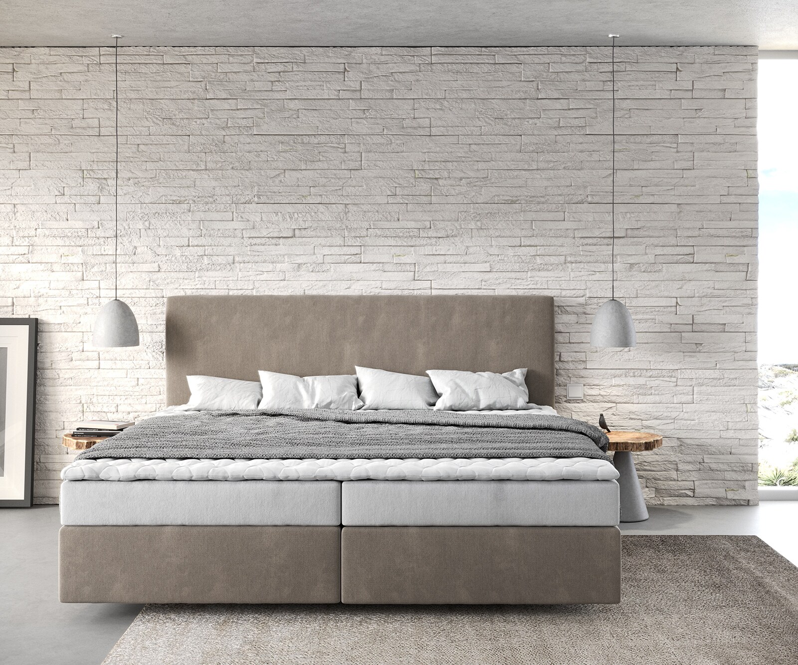Łóżko kontynentalne Dream-Well mikrofibra beżowa 200x200cm materac bonellowy topper PU 1