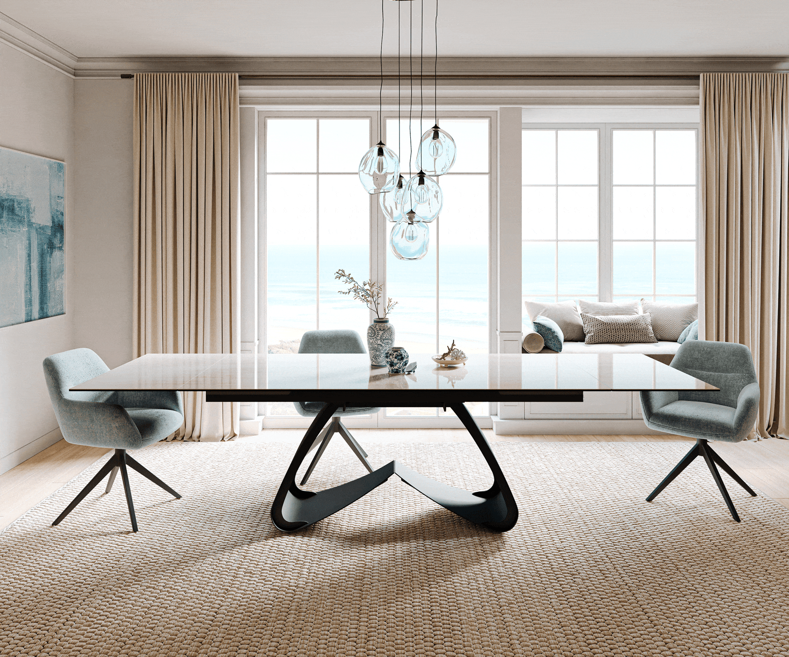 Stół do jadalni Edge 200-300x100cm ceramika Onyx Champagne rama W metal czarny rozkładany 1